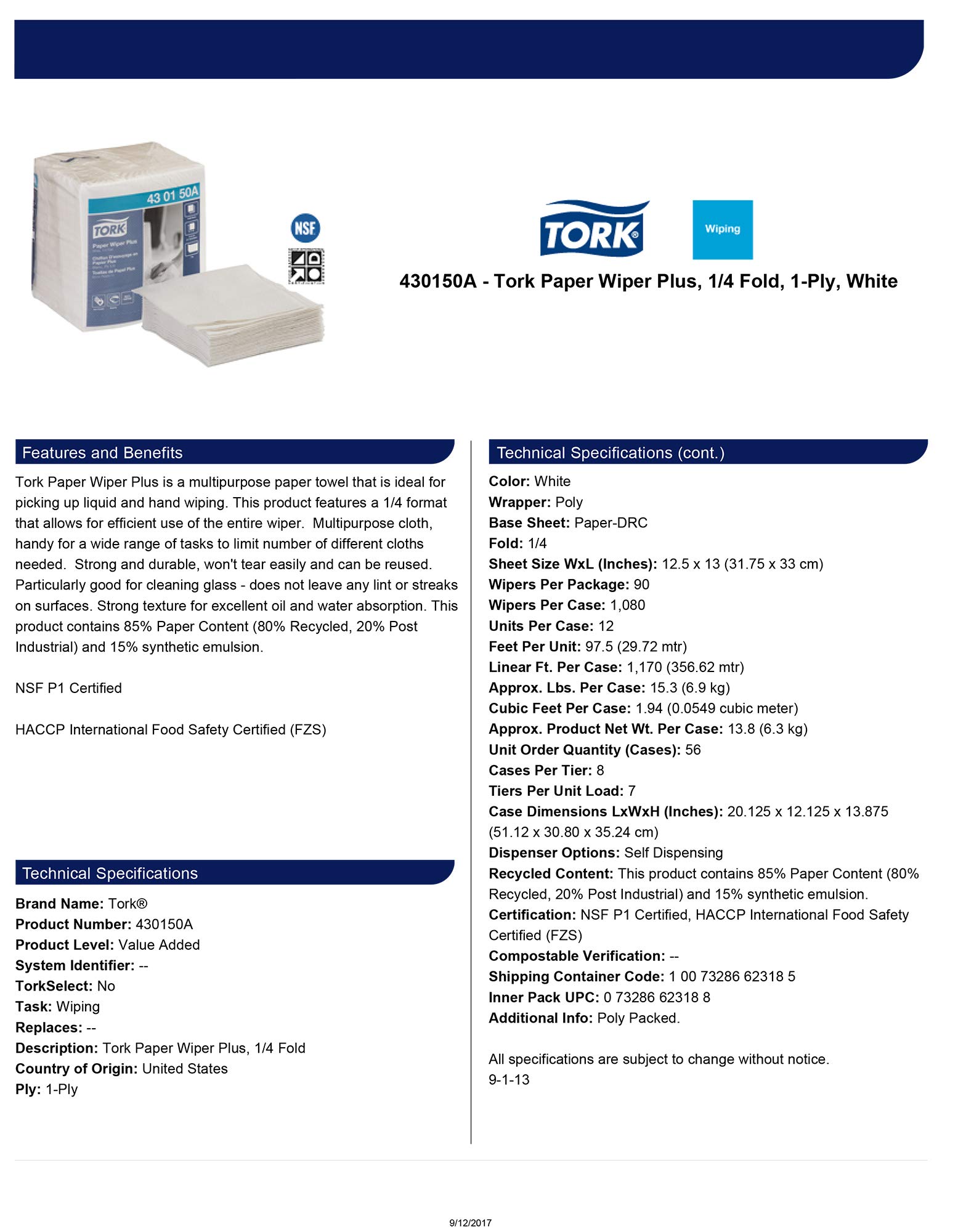 Tork Paper Wiper Plus White Self Dispensing Roll - 1/4 Fold Commercial Paper Towels (430150A) for Kitchen, Restaurants & Office Cleaning