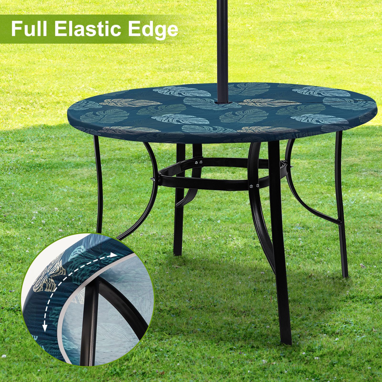 Waterproof Elastic Fitted Round Tablecloth with Umbrella Hole - Outdoor & Indoor Durable Table Cover for Camping, Picnics, Patio Dining, and Backyard Parties