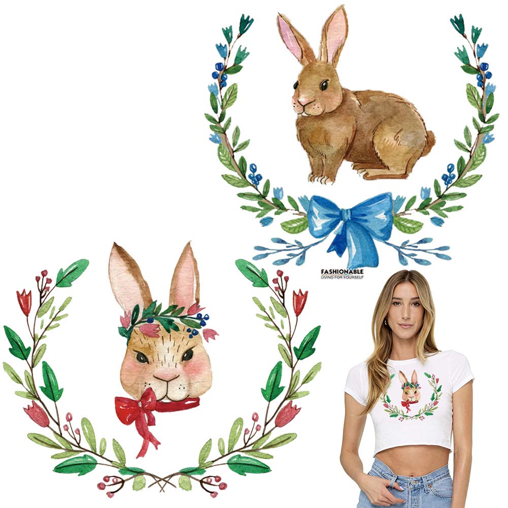 Easter Bunny Flower Iron On Patches - Rabbit Heat Transfer Stickers for Jackets, Dresses, T-Shirts & Jeans - 2PC Waterproof Washable Clothing Appliques - Perfect for DIY Crafts, Easter Decorations & Fashion Upcycling