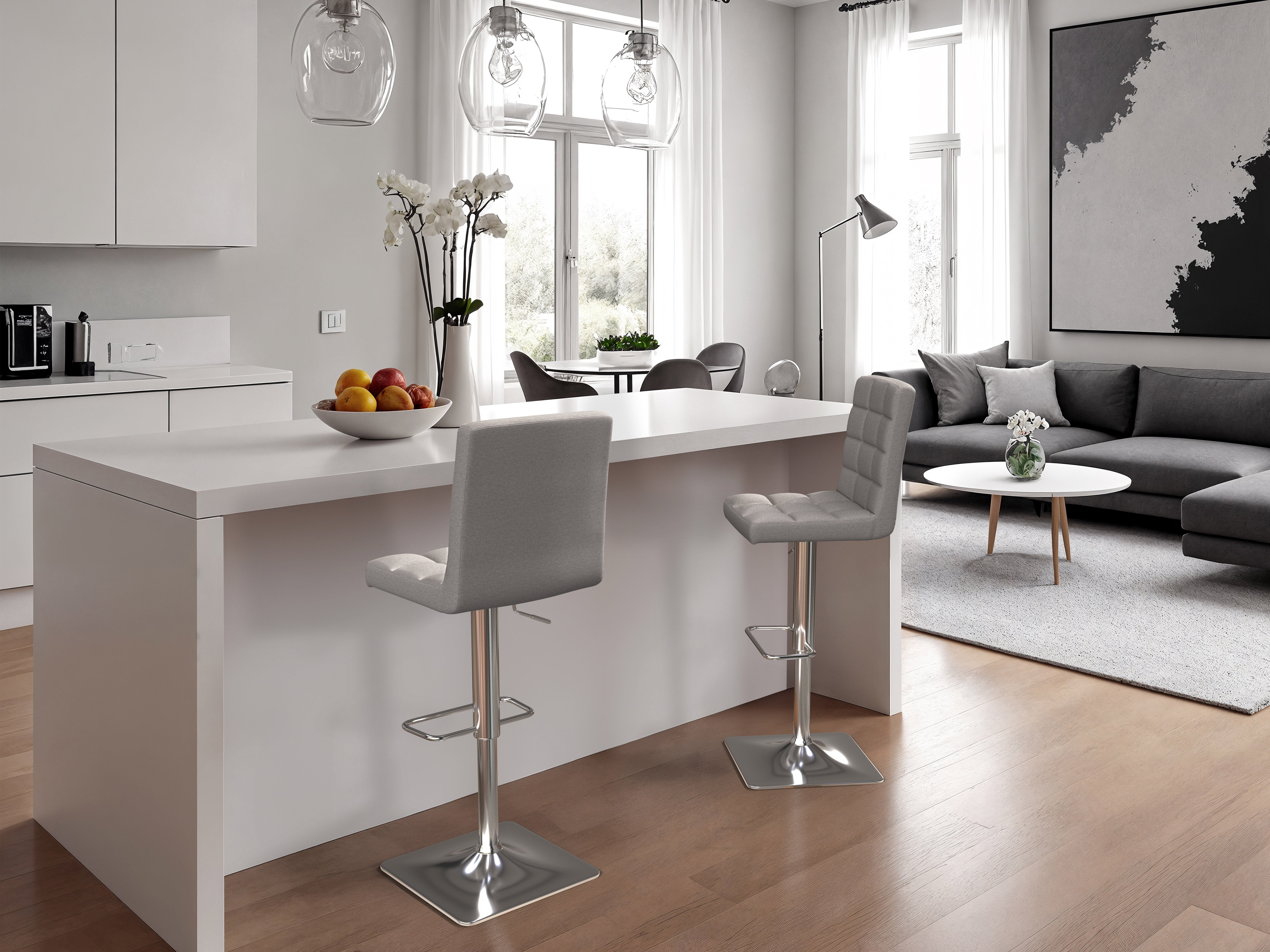 Grey Tufted Adjustable Bar Stools Set of 2 - Modern Kitchen Counter Stools with Backrest & Footrest - Perfect for Dining Room, Kitchen Island, or Home Bar Decor