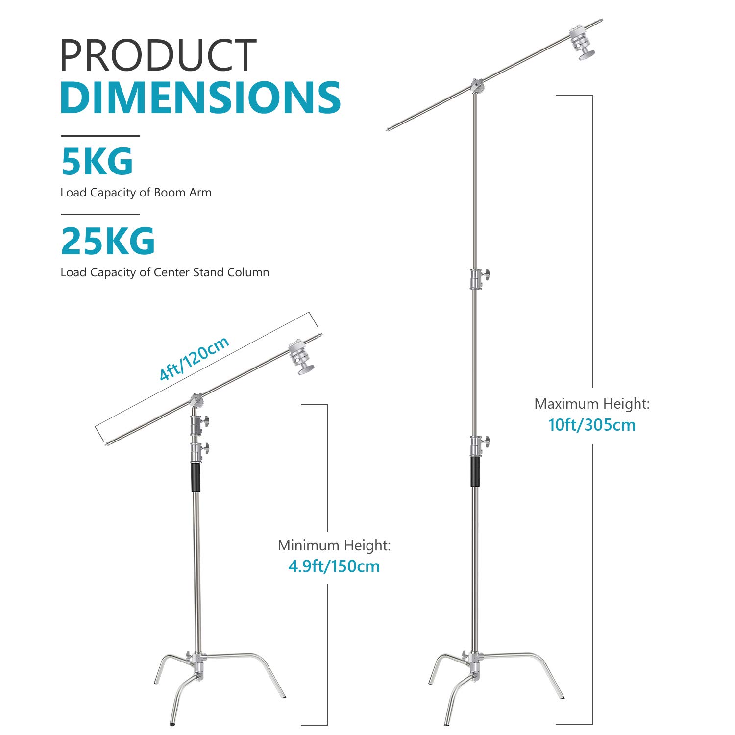 Neewer 10ft/3m Adjustable Heavy Duty C-Stand with 4ft/1.2m Boom Arm - Professional Photography Light Stand Kit Includes 2 Grip Heads & Carry Bag for Studio Lighting, Reflectors, Umbrellas, Monolights - Perfect for Portrait, Product, and Video Shooting