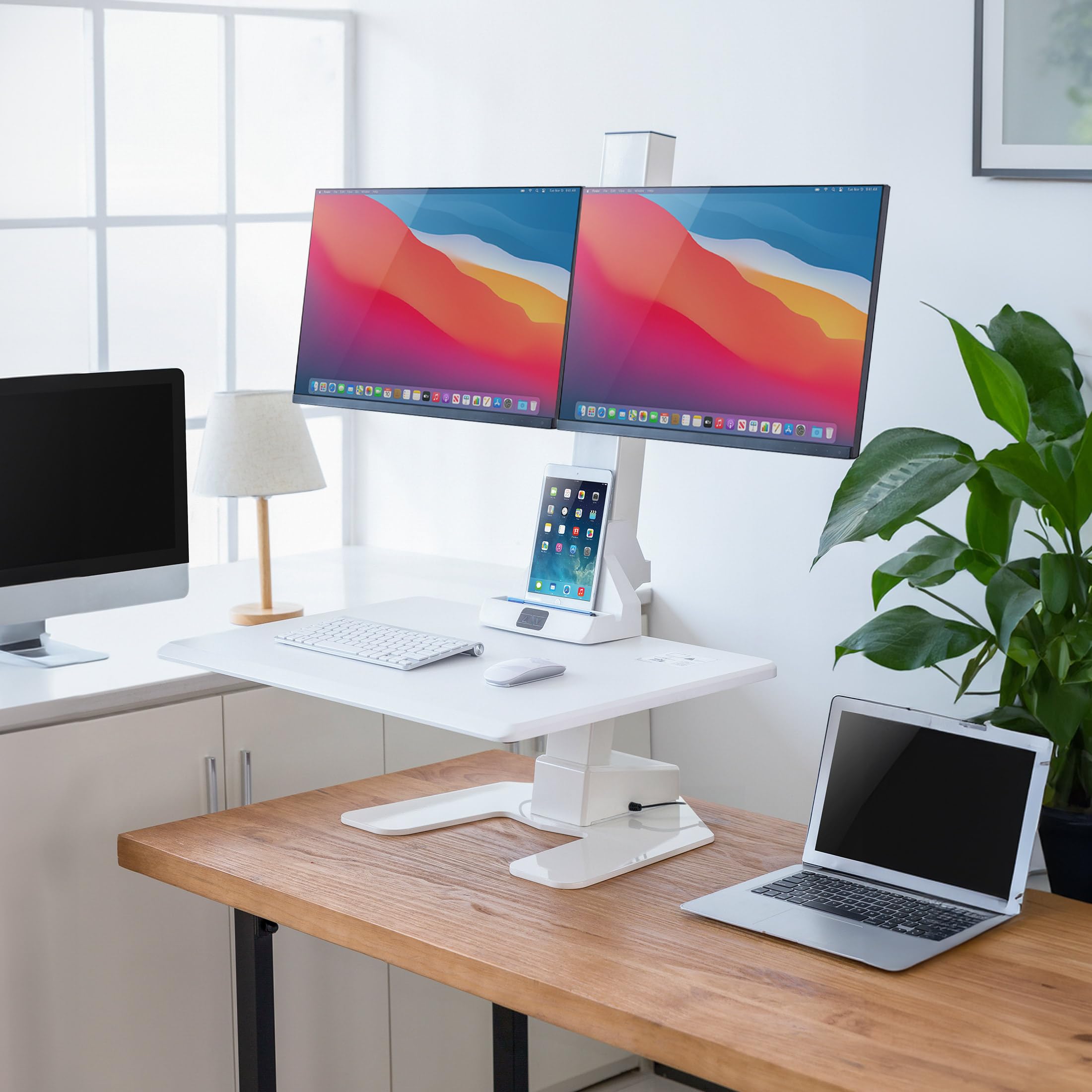 Mount-It! Electric Sit Stand Desk Converter - Motorized Adjustable Height Standing Desk Riser with Dual Monitor Mounts & Tablet Slot - Ergonomic Workstation for Office, Home & Gaming - White