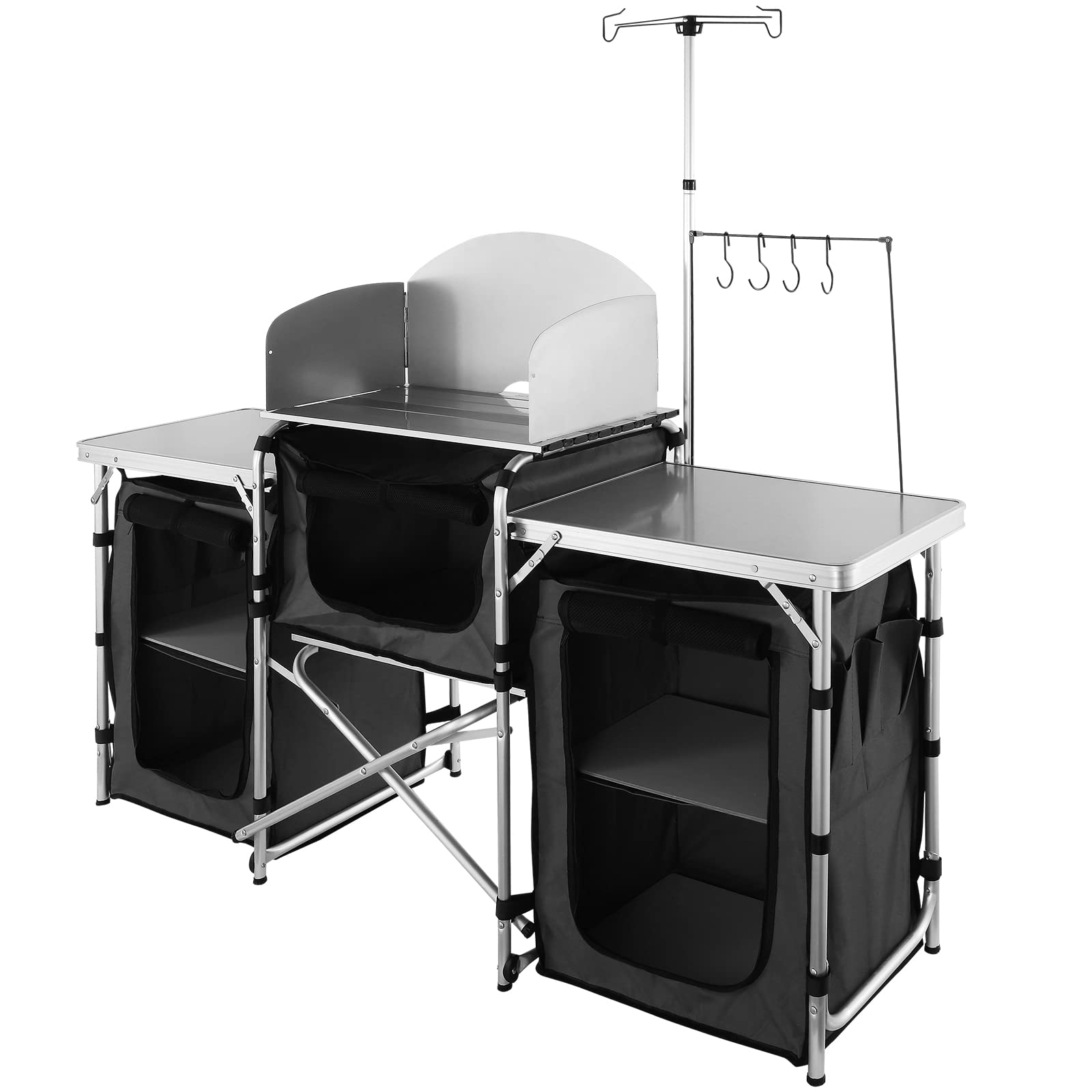 VEVOR Folding Camping Kitchen Table with Storage Bag - Portable Aluminum Outdoor Cooking Station with 3 Cupboards & Detachable Windscreen - Perfect for Picnics, BBQ, RV Travel, Camping & Backyard Parties