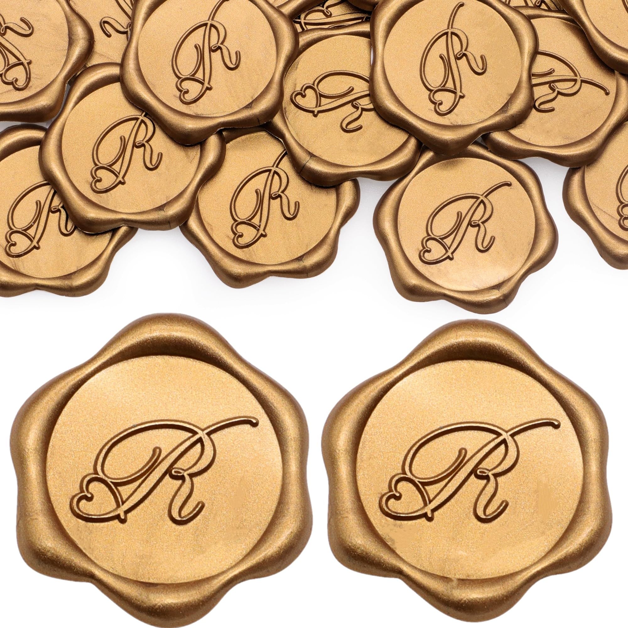 SWANGSA 50 Pack Letter R Wax Seal Stickers - Antique Gold Heart Design Initial Adhesive Wax Stickers for Wedding Invitations, Party Favors, Envelope Sealing & Vintage Decor