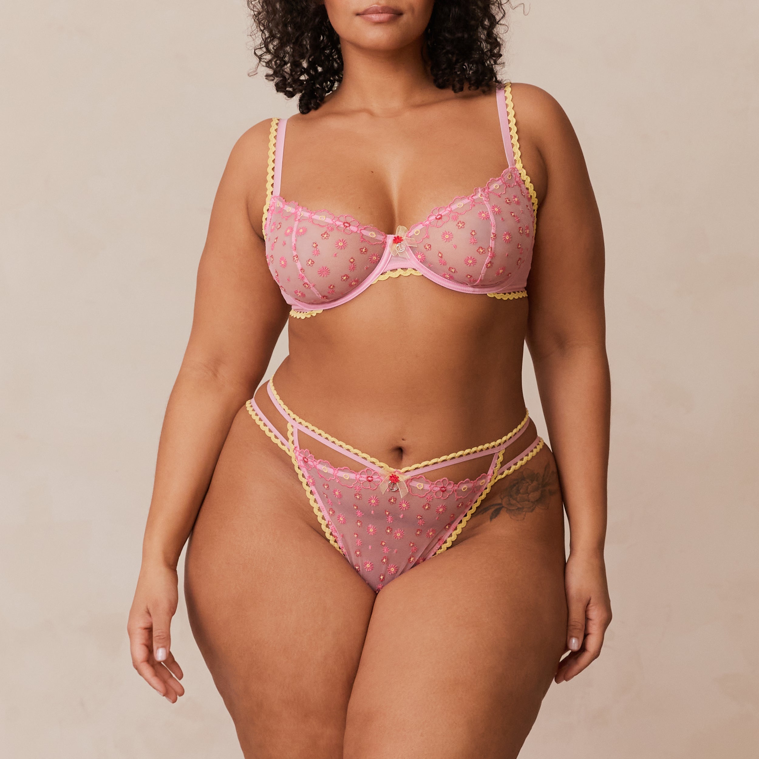 Daisy Embroidered Balcony Bra - Pink Lace Underwire Push Up Bra for Women | Perfect for Date Night, Bridal Lingerie & Everyday Comfort