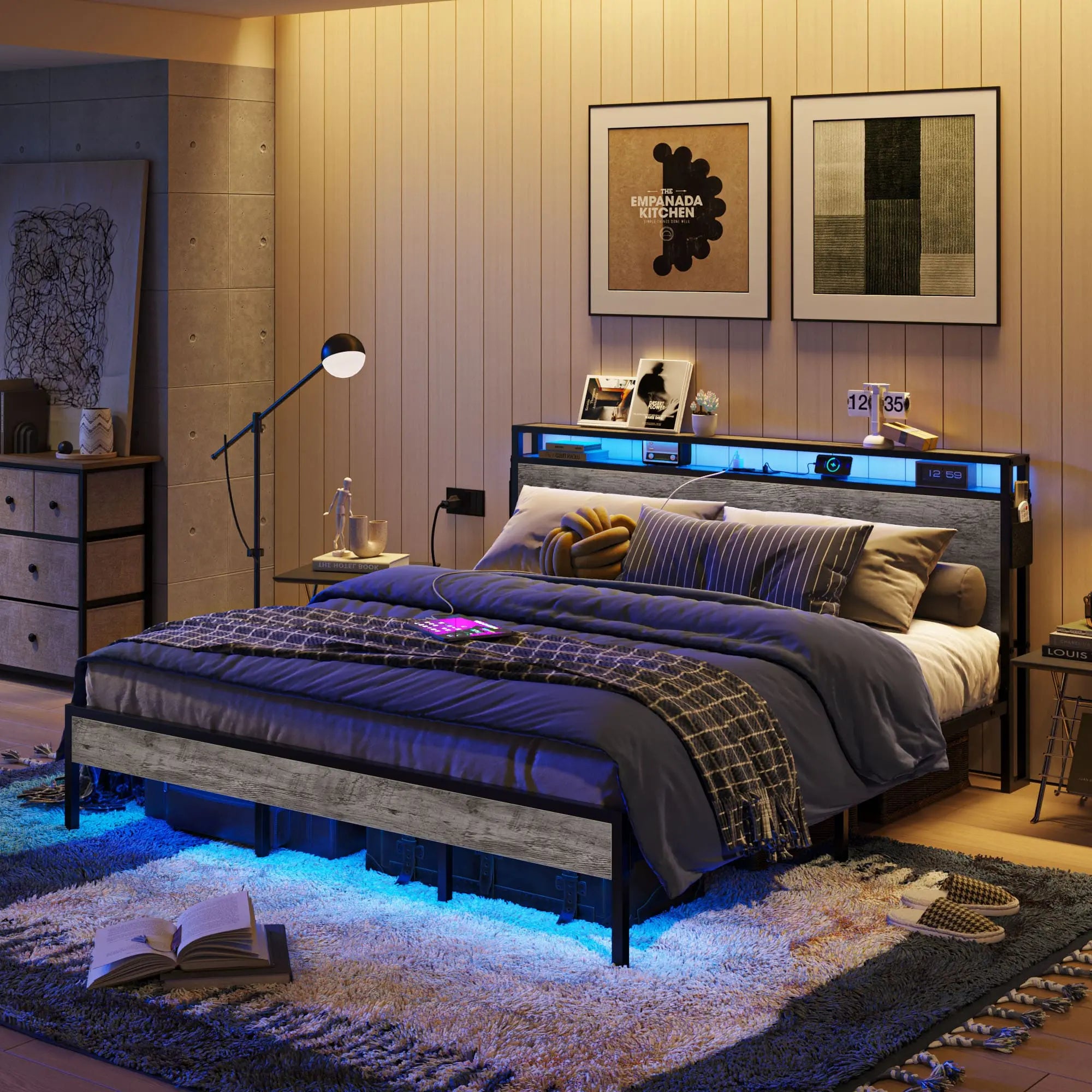 Bestier LED King Size Bed Frame with Headboard and USB Ports - Modern Platform Bed for Bedroom, Home Decor, and Relaxation