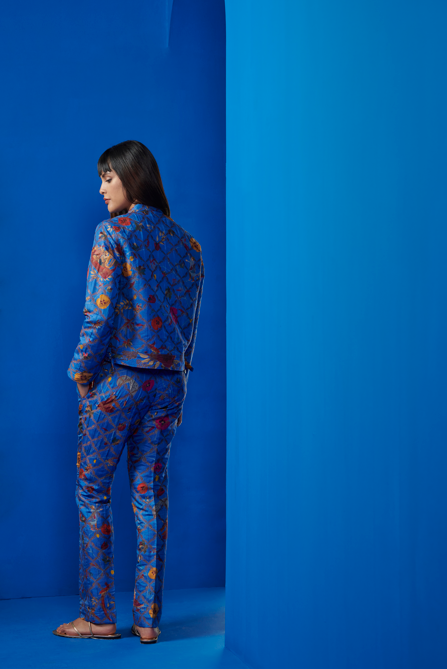 Elegant Boot Cut Trousers for Women - Premium Silk Brocade Fabric in Cobalt Blue - Perfect for Office Wear, Evening Parties & Special Occasions