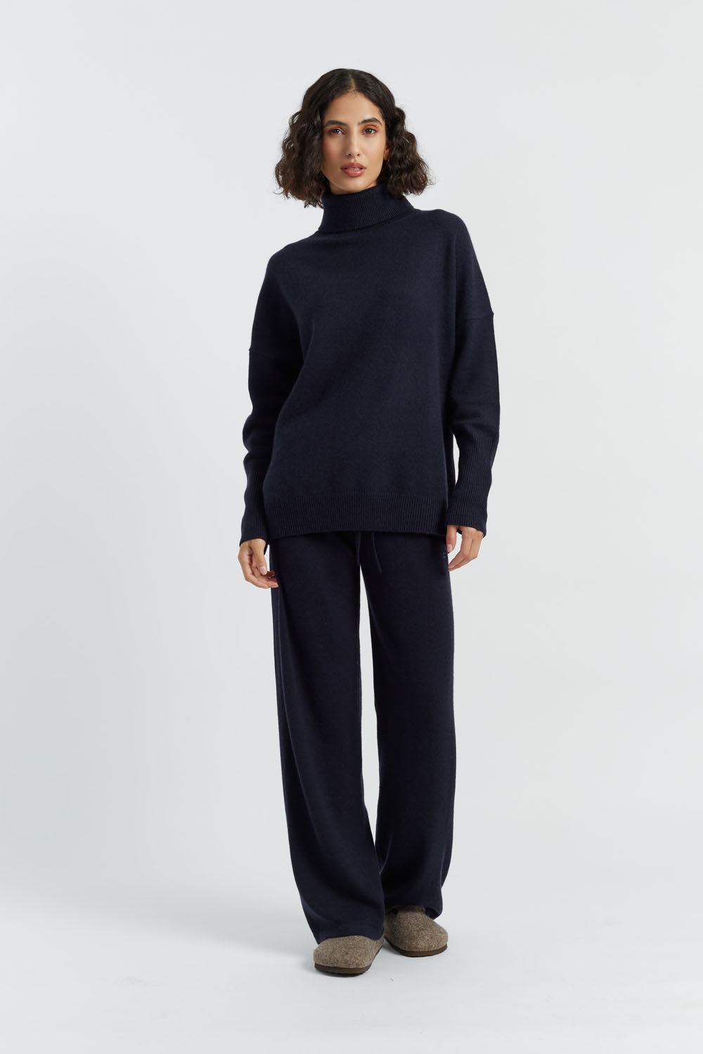 Luxury Navy Pure Cashmere Wide Leg Pants for Women - Soft High-Waisted Comfortable Lounge Pants - Perfect for Yoga, Travel & Winter Relaxation