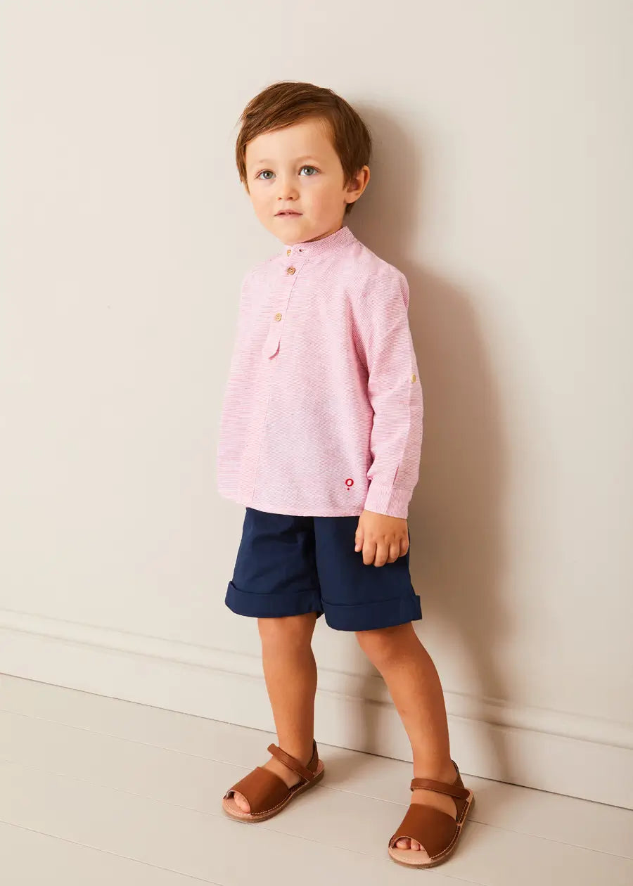 Lawrence Striped Mao Collar Long Sleeve Shirt - Red Cotton Kids Button Down Shirt for Boys & Girls (18 Months to 10 Years) | School Uniform, Family Photos & Holiday Outfits
