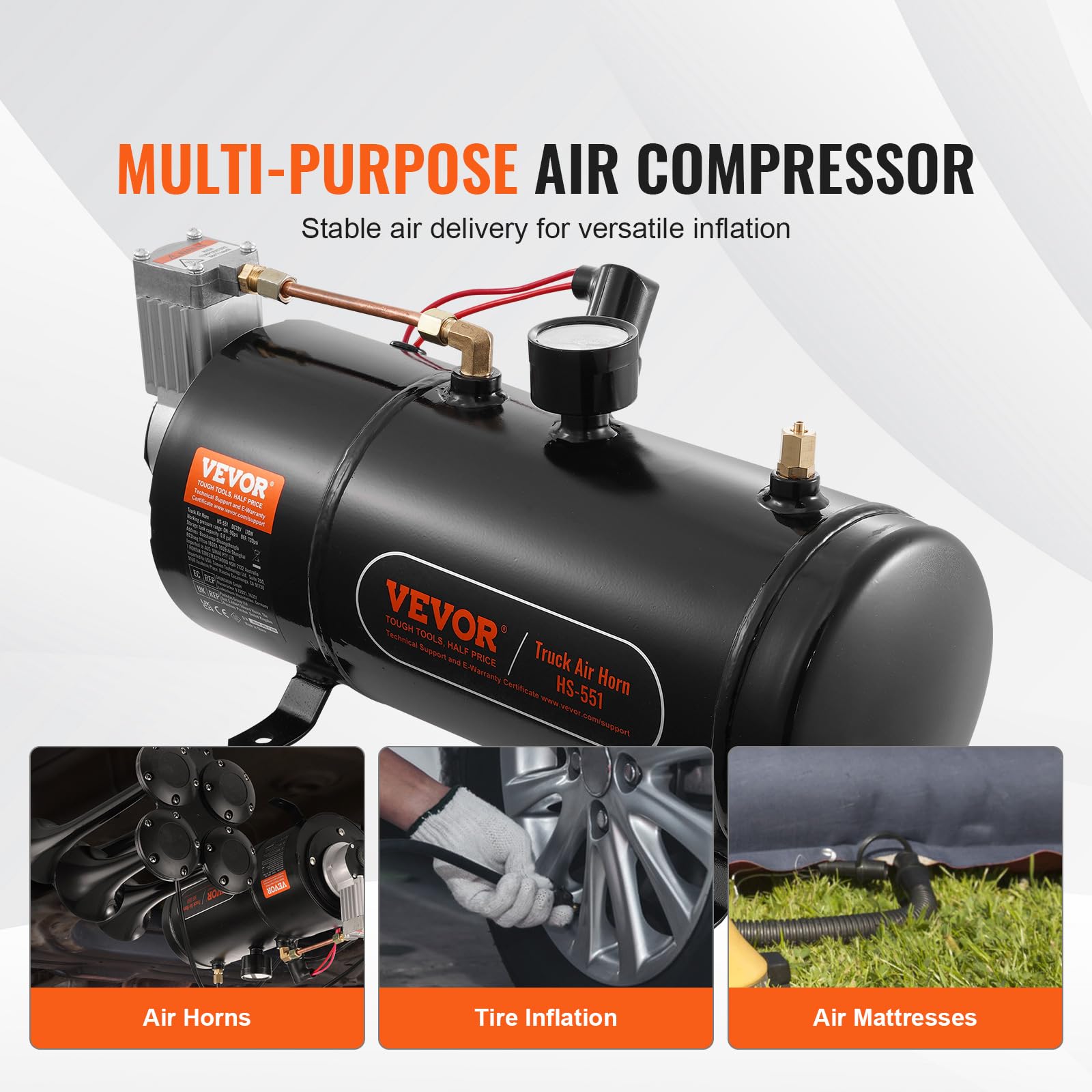 VEVOR 12V Air Compressor with 0.8 Gallon/3L Tank, 120 PSI Onboard Air System for Train Horns, Tires, Air Mattresses - Perfect for Trucks, RVs, and Off-Road Vehicles