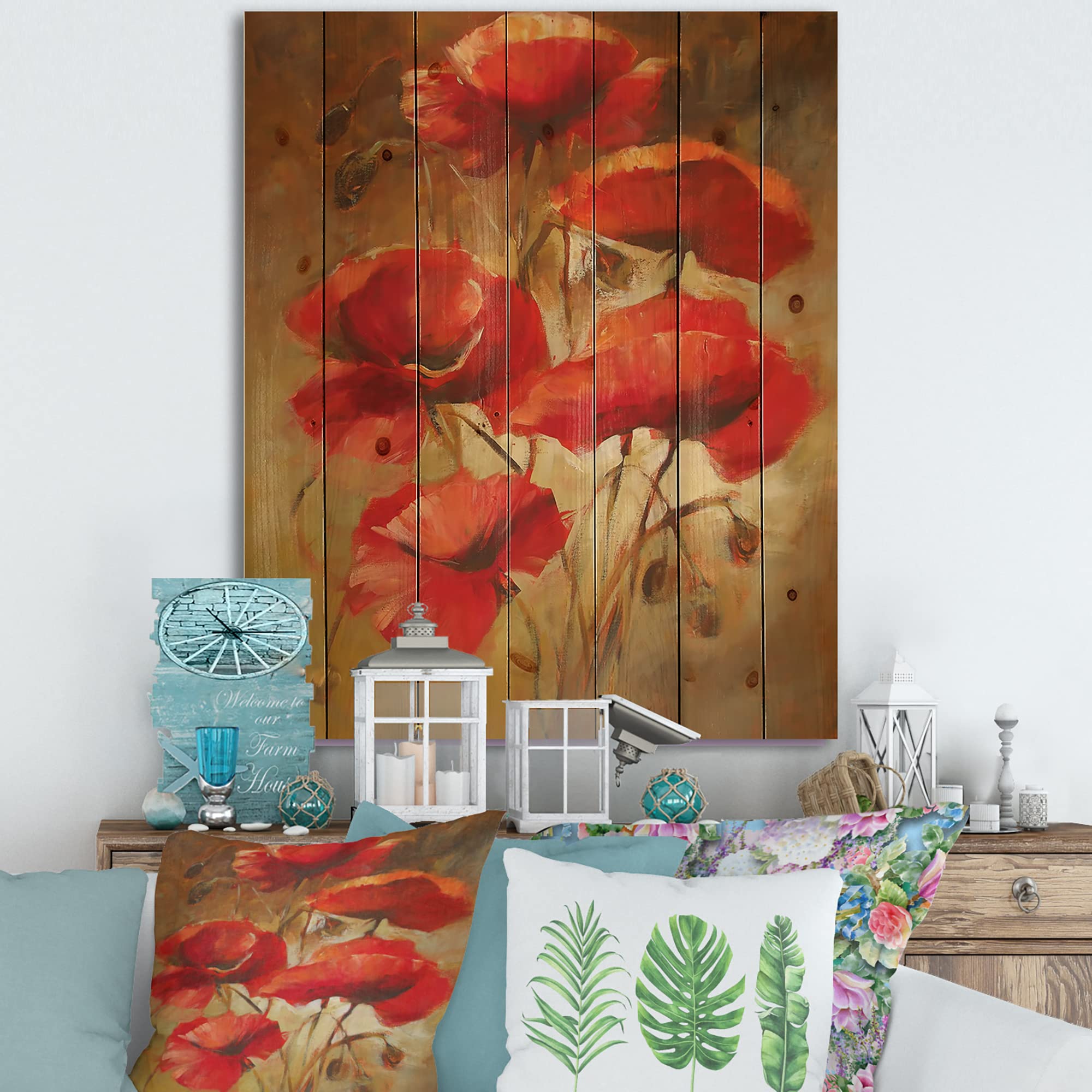 DesignQ Red Blossoming Poppies Traditional Wood Wall Decor - Large Floral Wall Art Panel Printed on Natural Pine Wood - Perfect for Living Room, Bedroom & Office Decoration