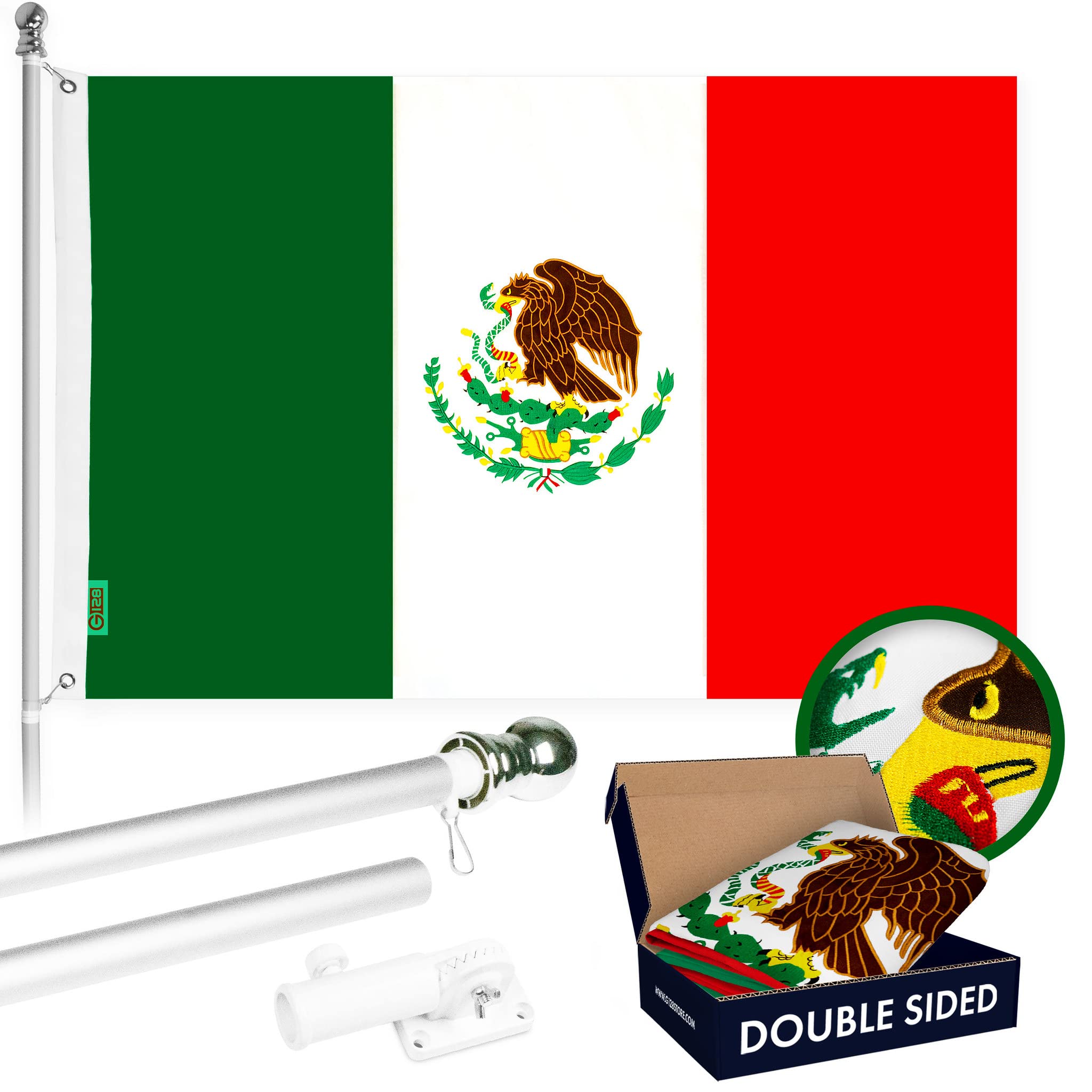5FT Spinning Flagpole with 2x3FT Mexico Flag - Silver Aluminum Pole, Double Sided Brass Grommets, Embroidered Design | Perfect for Home, Garden, and Patriotic Decorations