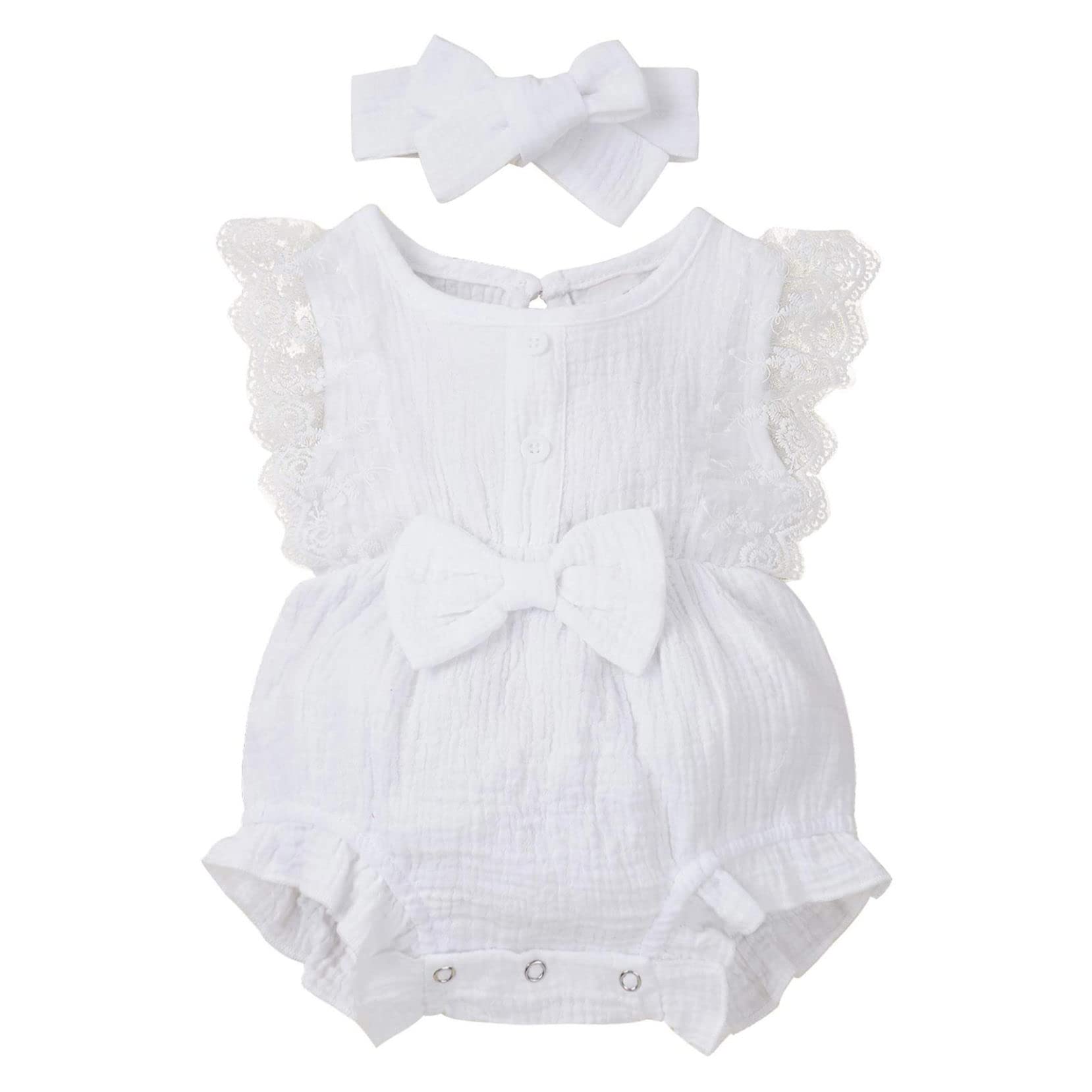 Yartina Baby Girls Summer Romper - Lace Ruffle Sleeve Princess Jumpsuit with Button Down & Headband - Perfect for Outdoor Play, Birthday Parties & Photo Shoots