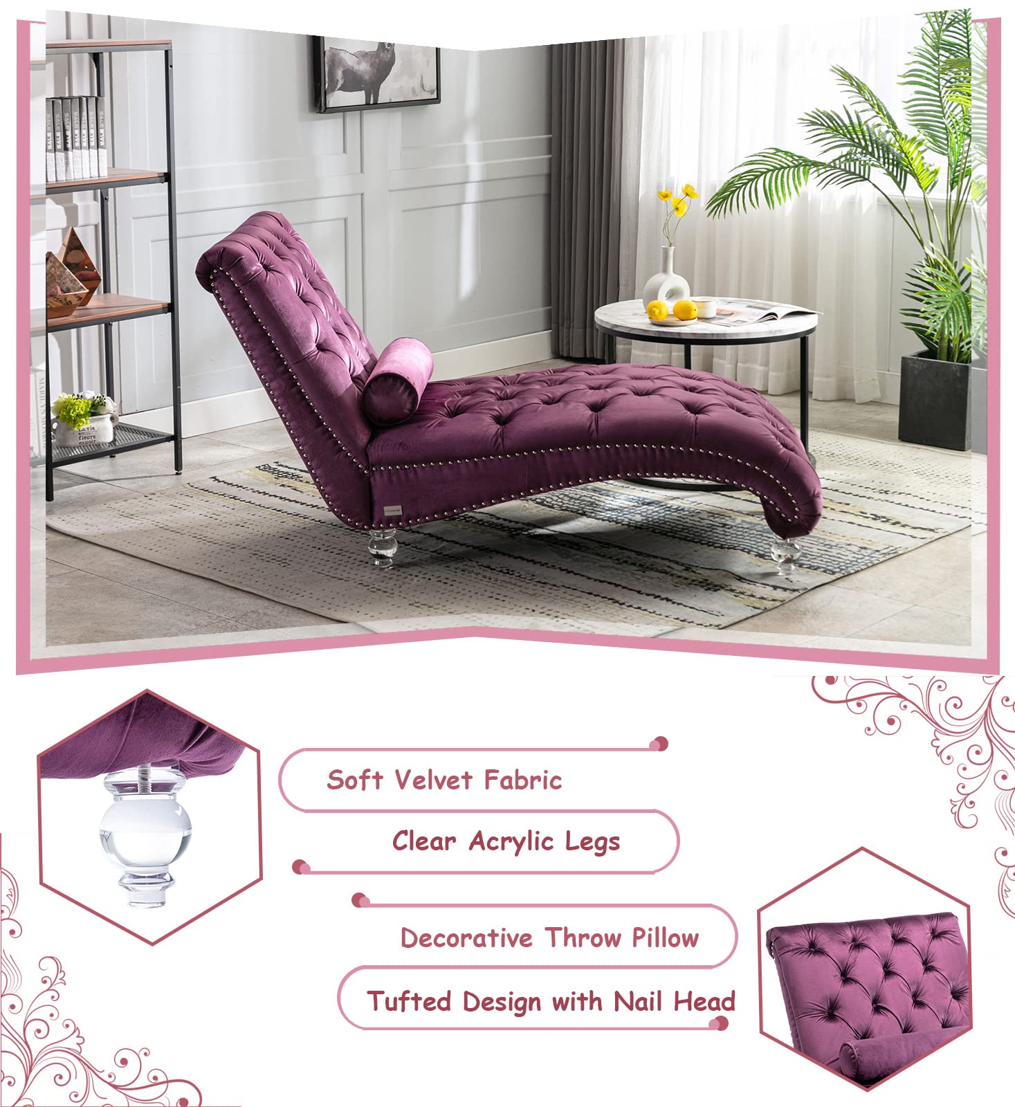 KINFFICT Velvet Chaise Lounge Chair with Toss Pillow - Modern Tufted Button Accent Chair with Sturdy Acrylic Legs - Plush Upholstered Sleeper Chair for Living Room, Bedroom & Office - Elegant Purple Home Decor for Relaxation & Stylish Interior Design