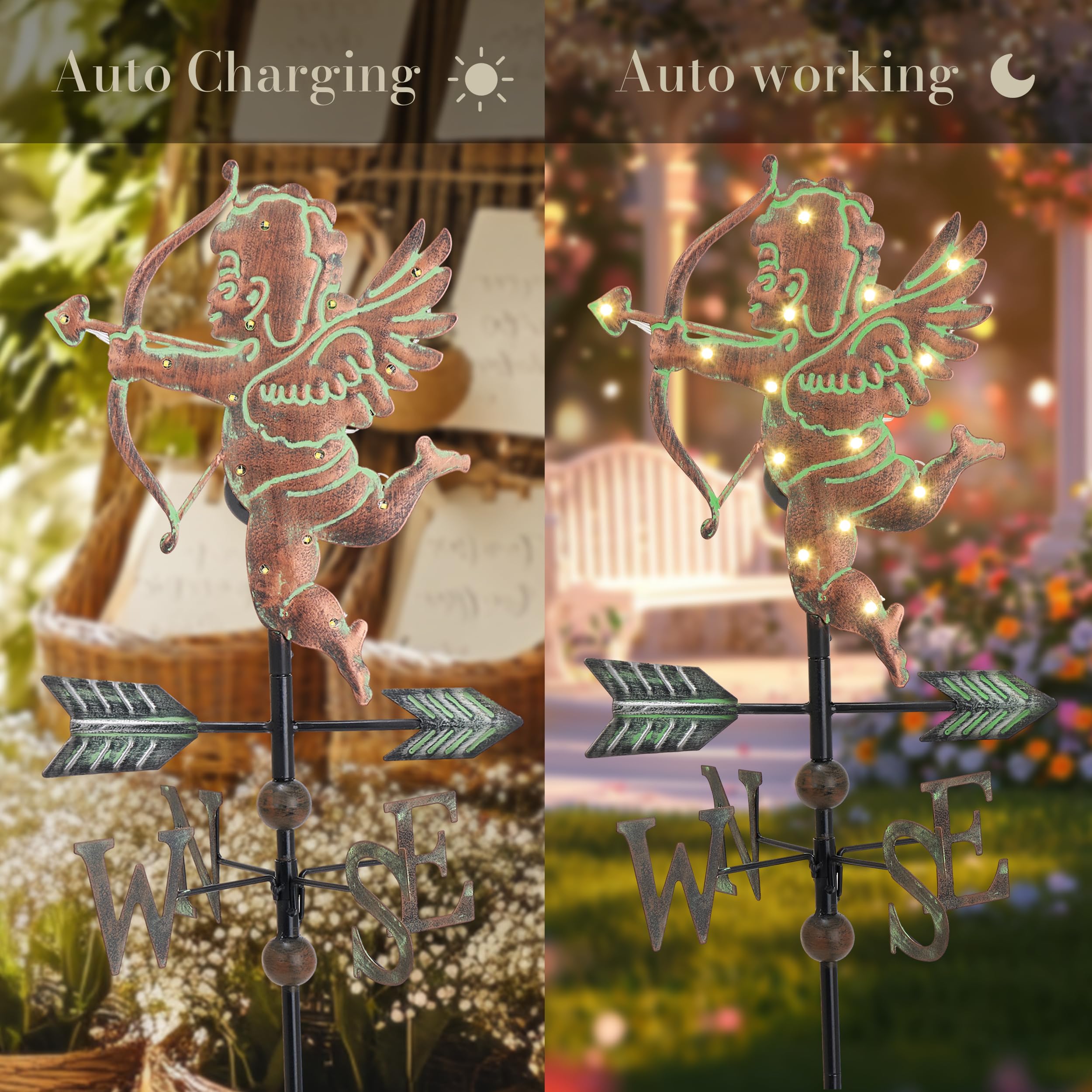 Valentine's Day Outdoor Decorations - Solar Powered Metal Weathervane Garden Stake with Cupid Design, 34 Inch Yard Art for Porch, Patio & Garden - Perfect Romantic Gift for Home & Valentine's Decor