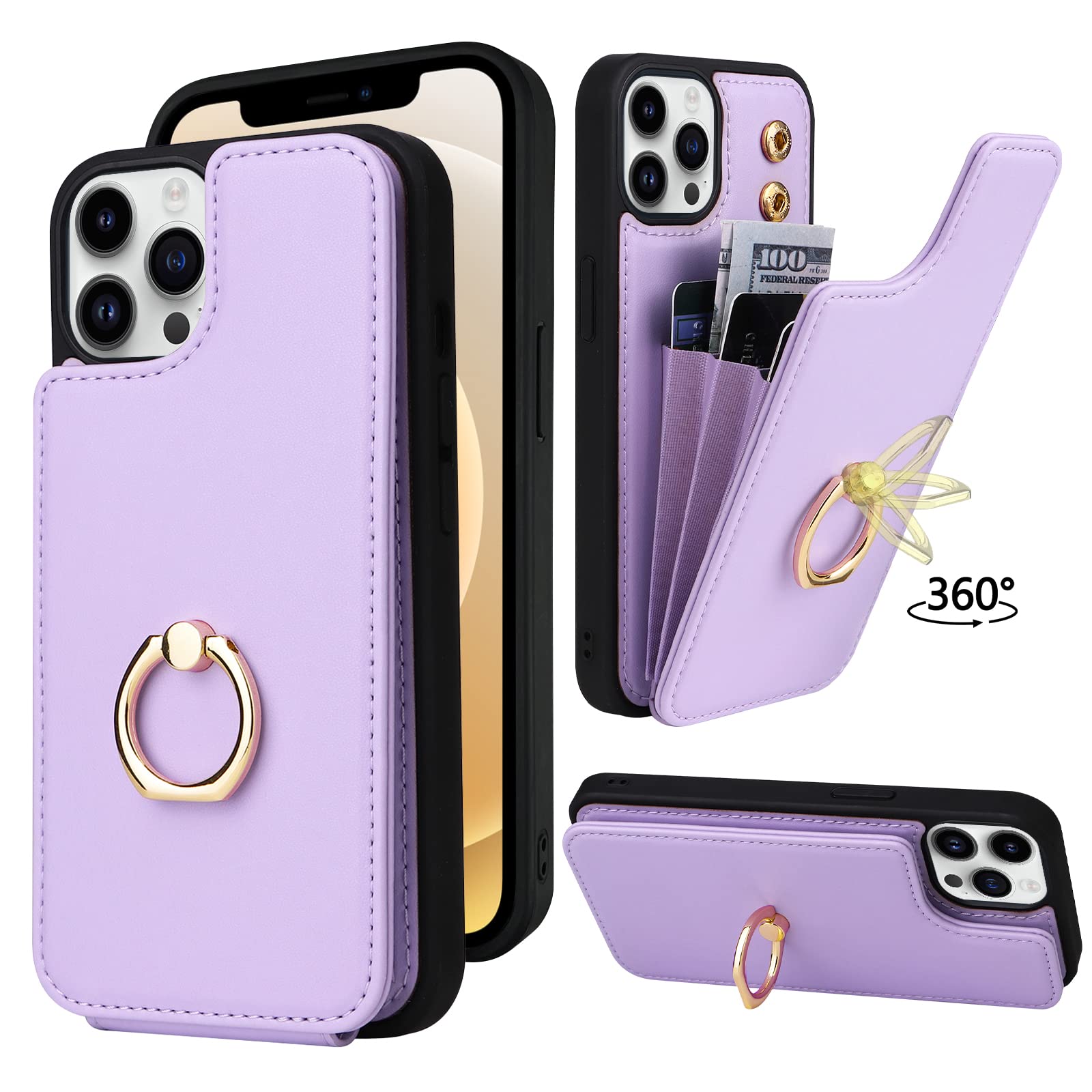 TopPerfekt iPhone 12/12 Pro Wallet Case with Card Holder & 360° Rotating Finger Ring Stand - RFID Blocking PU Leather Protective Flip Cover with Kickstand (6.1