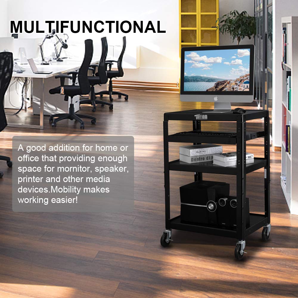 TUFFIOM AV Presentation Cart for Video Projector & Laptop - Mobile Workstation Utility Media Cart with Keyboard Shelf - Rolling Storage Stand for School, Classroom & Office Use - Perfect for Presentations, Meetings & Digital Learning
