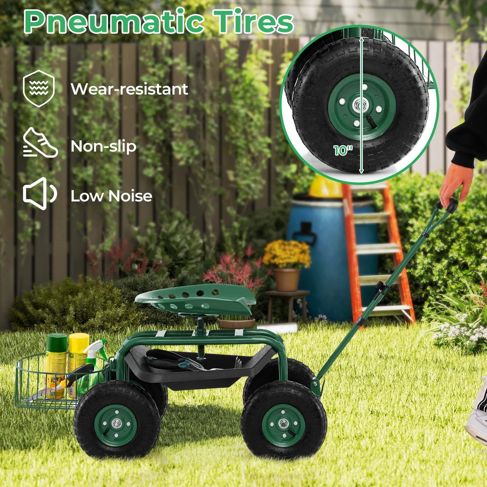 DORTALA Heavy Duty 4-Wheel Garden Cart with 360° Swivel Seat, Storage Basket & Tool Tray - Adjustable Steering Handle & Height for Gardening, Planting & Yard Work | Perfect for Greenhouse, Farm & Outdoor Landscaping
