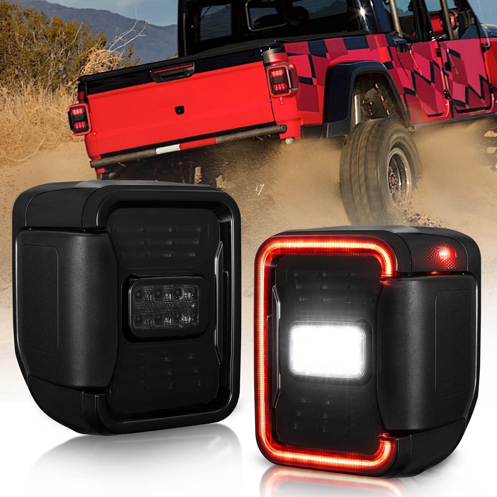 MOBI OUTDOOR LED Tail Lights for Jeep Gladiator JT 2019-2022 - Smoked Taillights with Brake, Turn Signal & Reverse Light (Black Housing, Smoke Lens) - 1 Pair - Perfect for Off-Roading & Night Driving