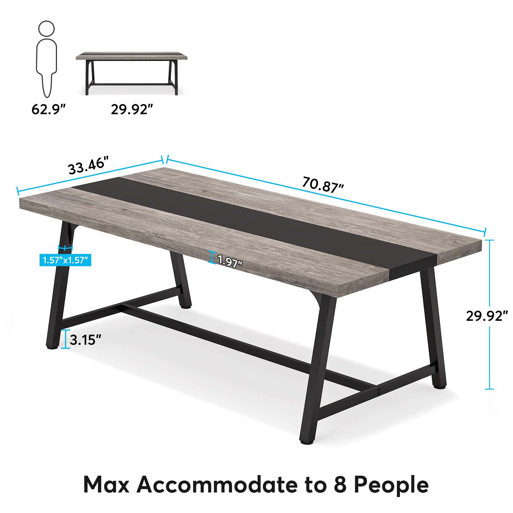 Tribesigns 70.87-inch Rectangular Dining Table for 8 People - Solid Wood Kitchen Table with Sturdy Metal Frame, Industrial Style Large Dining Room Table for Big Families (Gray, No Chair Included) - Perfect for Family Gatherings, Dinner Parties & Open Concept Living Spaces
