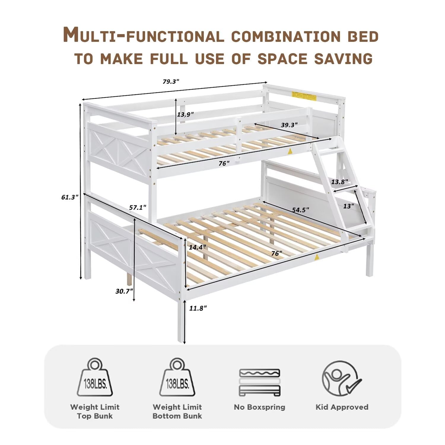 Solid Wood Twin Over Full Bunk Bed Frame with Ladder & Guardrail - Convertible to Separate Twin/Full Size Beds - No Box Spring Needed - Perfect for Kids Rooms, Guest Rooms & Space-Saving Bedroom Solutions (White)