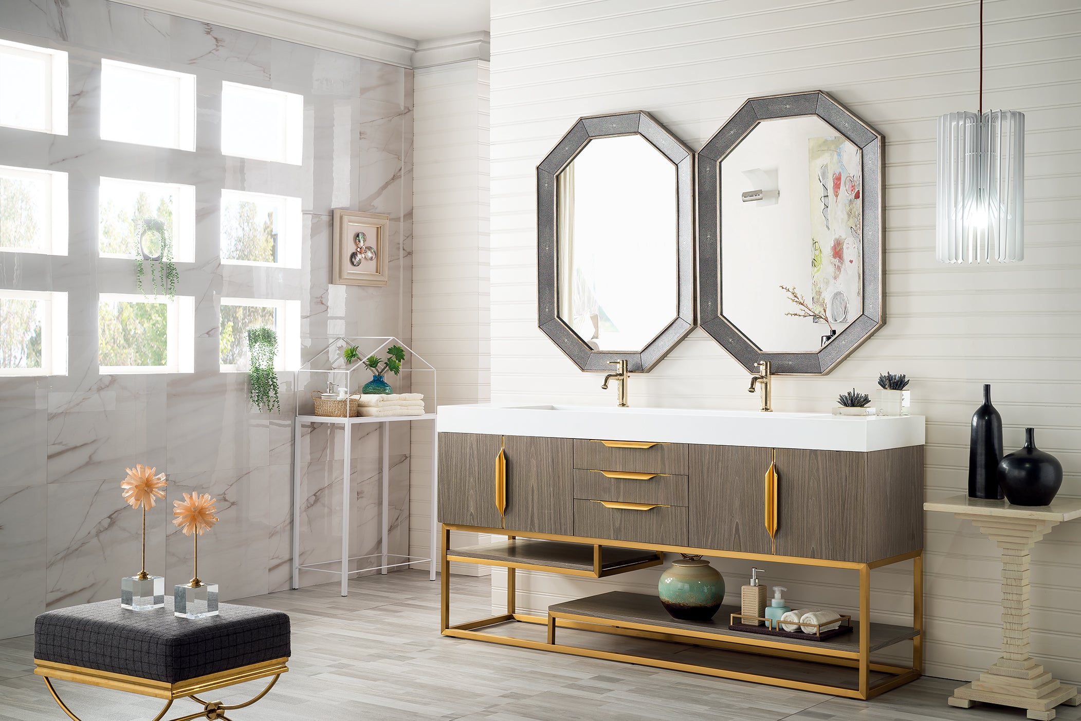 Columbia 72 Inch Double Bathroom Vanity in Ash Gray with Radiant Gold Accents & Glossy White Composite Top - Perfect for Master Bathroom & Luxury Home Renovation