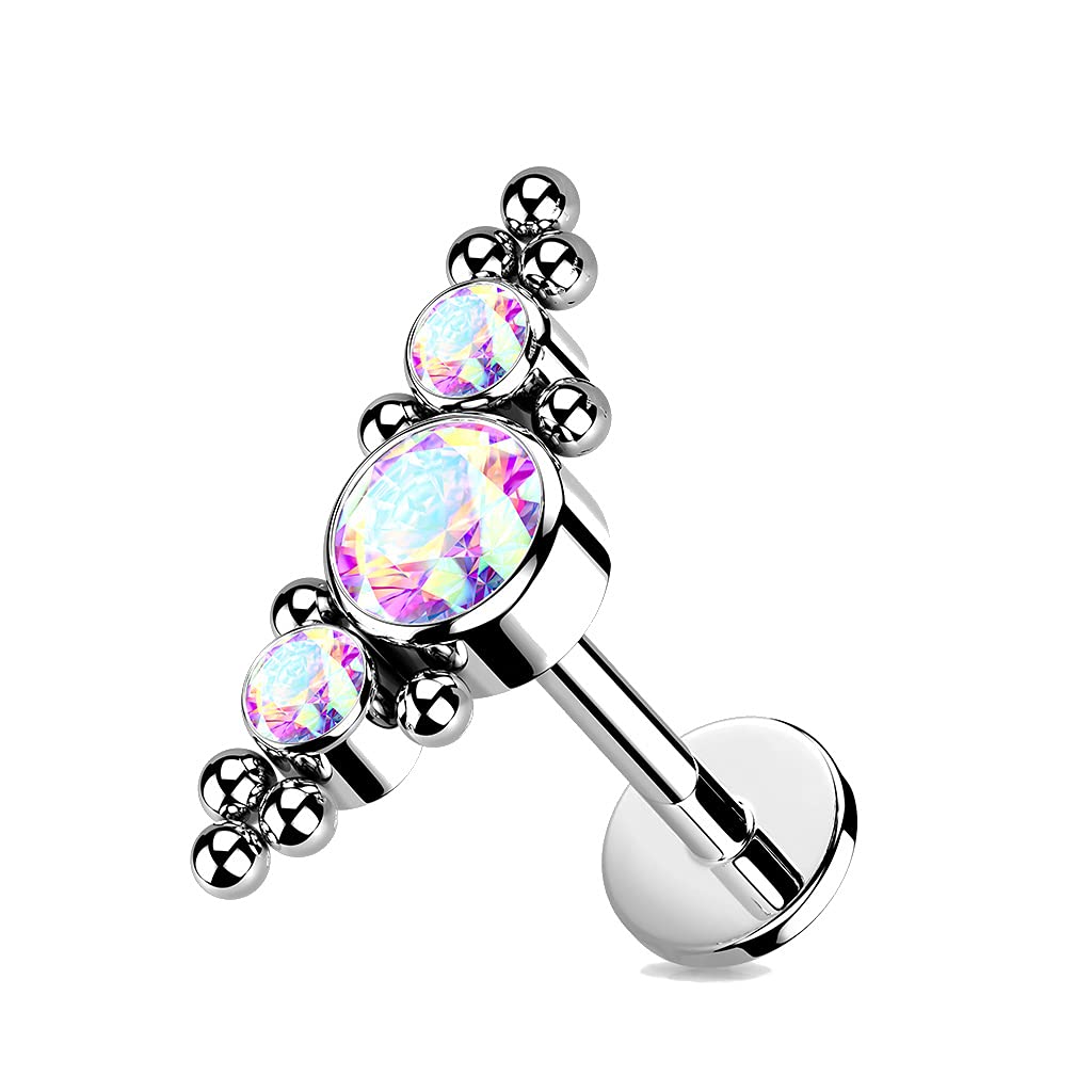 Implant Grade Titanium Threadless Push-in Labret Stud - Flat Back with 3 CZ & Ball Cluster Top for Cartilage, Lip, Nose Piercing | Hypoallergenic Body Jewelry for Everyday Wear & Special Occasions