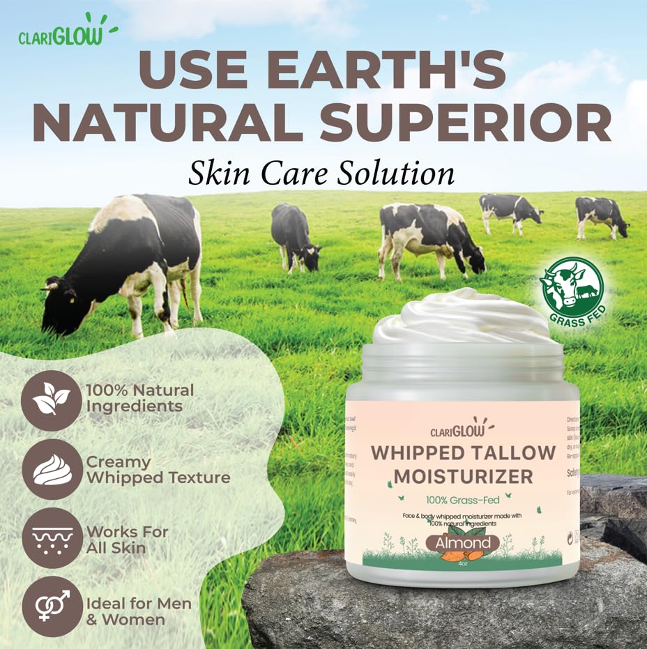100% Grass-Fed Beef Tallow Face Moisturizer & Body Balm - 4oz Natural Skin Care Cream with Honey & Almond Oil - Hydrating Lotion for Dry Skin, Eczema & Anti-Aging - Perfect for Daily Face Routine & Nighttime Skincare