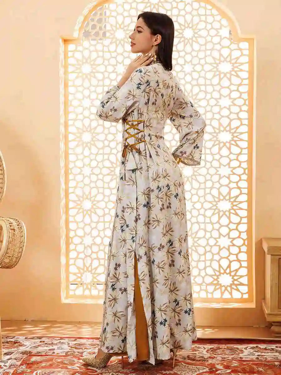 Floral Printed Eid Caftan Dress for Women - Elegant Long Kaftan with V-Neck & Flowy Sleeves #25441 | Perfect for Eid Celebrations, Summer Parties & Beach Cover-Ups