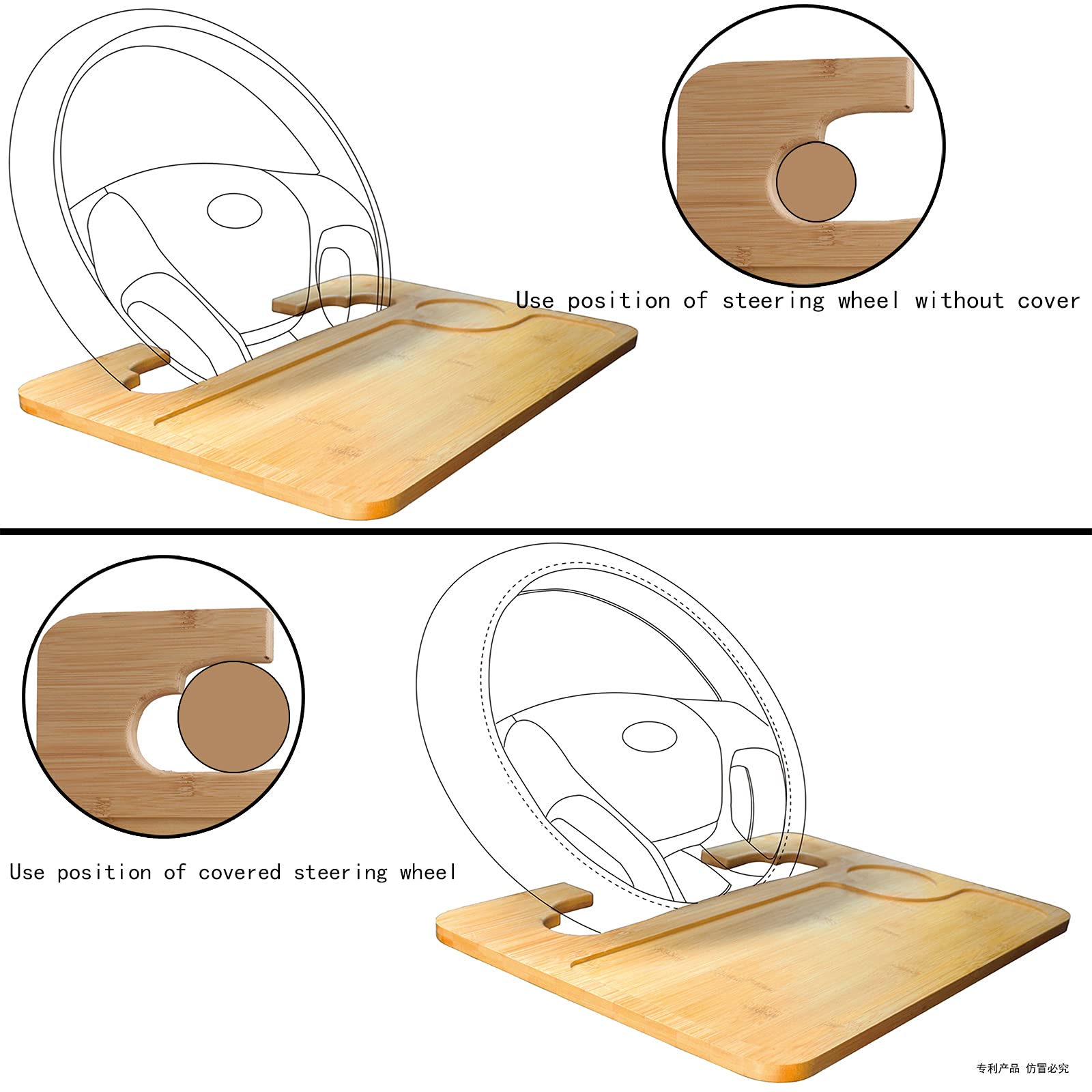 NEWZINIU Bamboo Double-Sided Steering Wheel Tray - Car Dining Table, Laptop Desk for iPad & Notebook | Portable Workstation for Commuting, Road Trips & Office Use