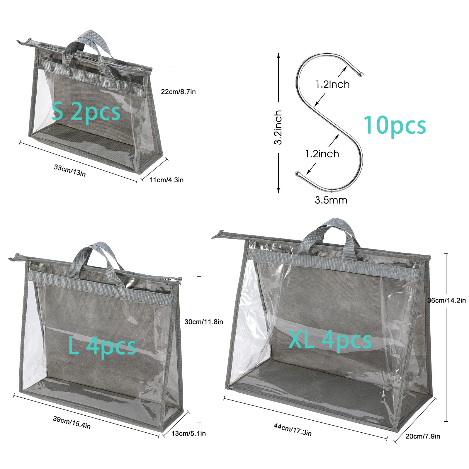 CINPIUK 10-Piece Clear Handbag Storage Organizer Set - Dustproof Purse Protector Bags with Hooks for Closet Organization (Grey) - Perfect for Travel, Home Storage & Luxury Bag Protection