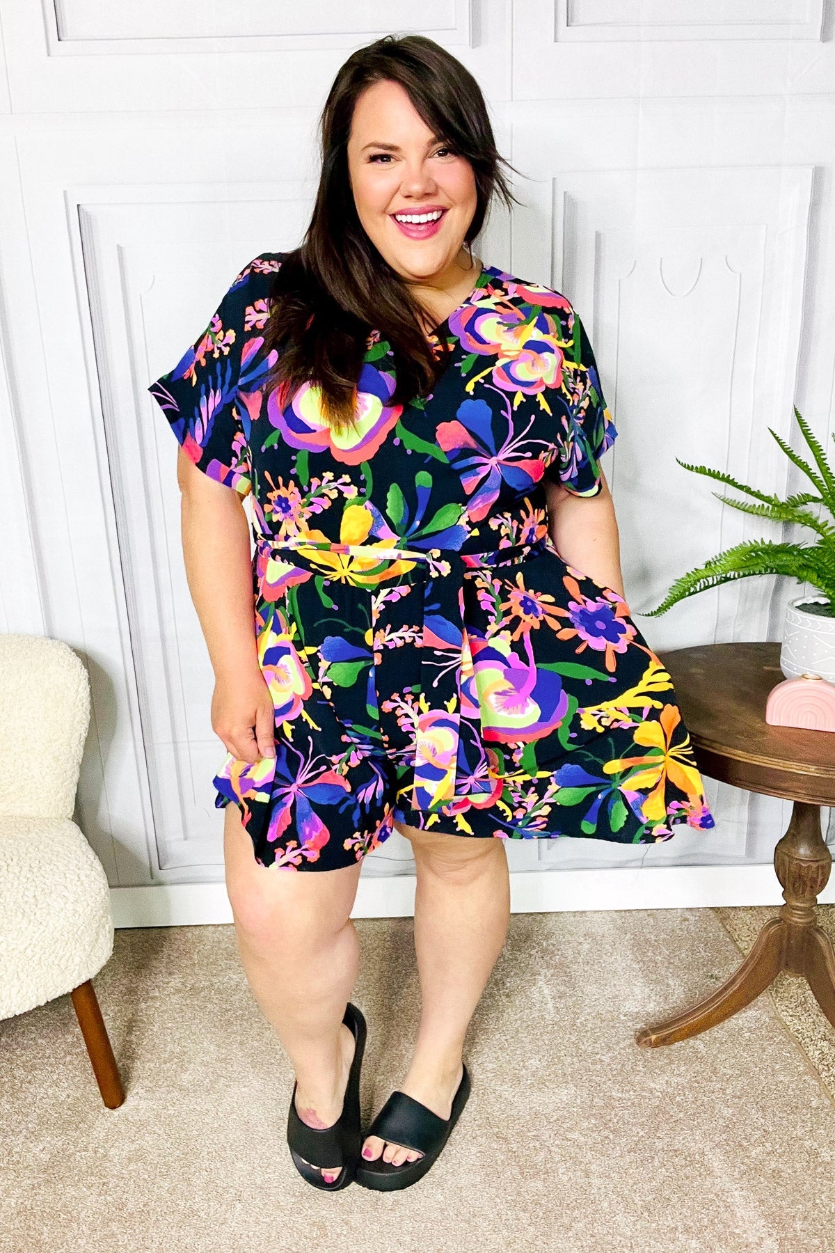 Stylish Black Floral Surplice Woven Romper for Women - Summer Casual Jumpsuit with Comfortable Fit - Perfect for Beach Vacations, Brunch Dates & Outdoor Events