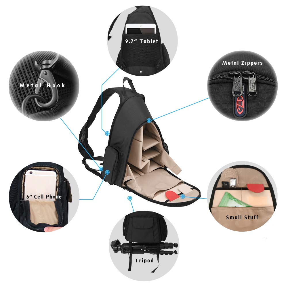 Waterproof DSLR Camera Sling Backpack with Rain Cover - Durable Travel Camera Bag for Canon Nikon Sony Pentax DSLR Cameras, Lenses, Tripod & Accessories - Fits Laptop - Perfect for Outdoor Photography, Hiking & Travel (Black)