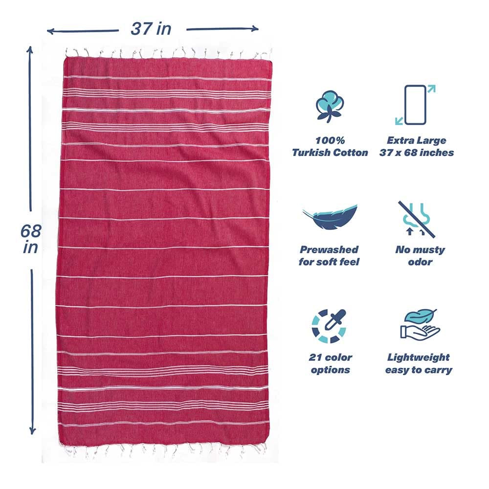 Turkish Beach Towel 37x68 - Quick Dry Sand-Free Cotton for Pool, Beach & Travel (Red)