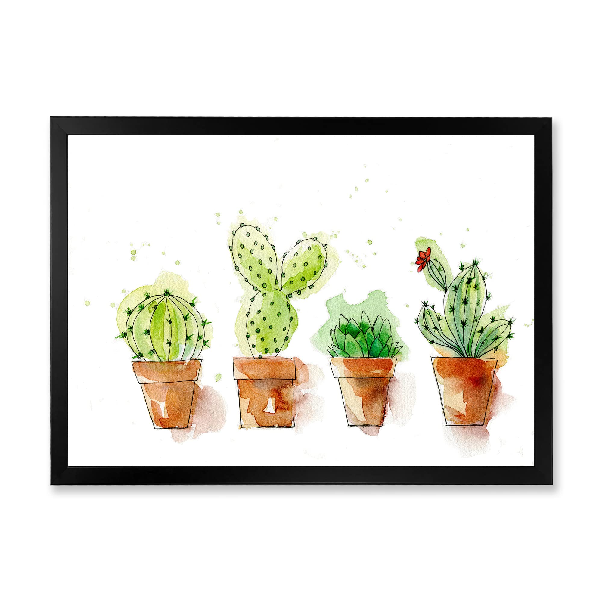 DesignQ Cacti in Ceramic Pots - Minimalist Framed Wall Art Decor for Living Room, Bedroom & Office | Gentle Neutral Tones | Traditional Home Aesthetic