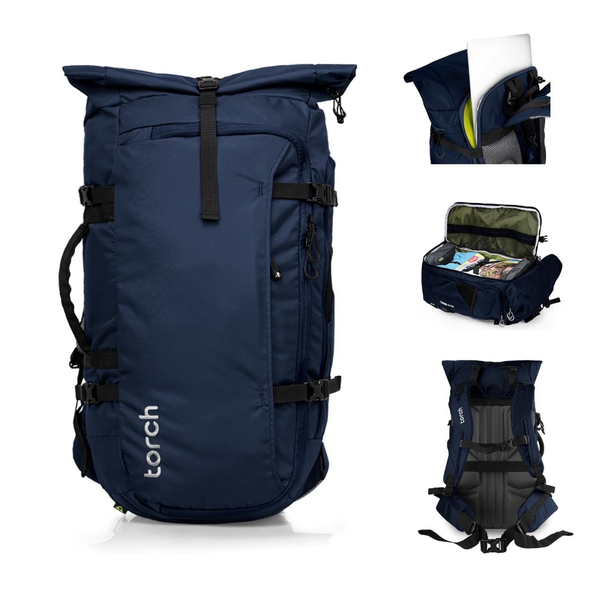 Torch Men's 45L Expandable Travel Backpack - Carry On Airplane Approved Backpack Fits 17 Inch Laptop with Rain Cover - Fujisawa Navy | Perfect for Business Trips, Weekend Getaways & Outdoor Adventures