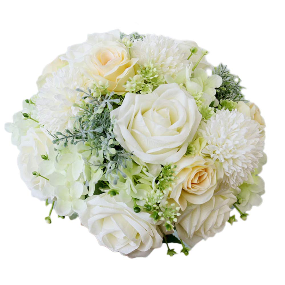 Elegant Ivory, Green & Champagne Fabric Flower Wedding Bouquet - Bridal & Bridesmaid Bouquet with Roses & Dahlia for Toss Ceremony | Perfect for Bridal Showers, Wedding Receptions & Photo Shoots