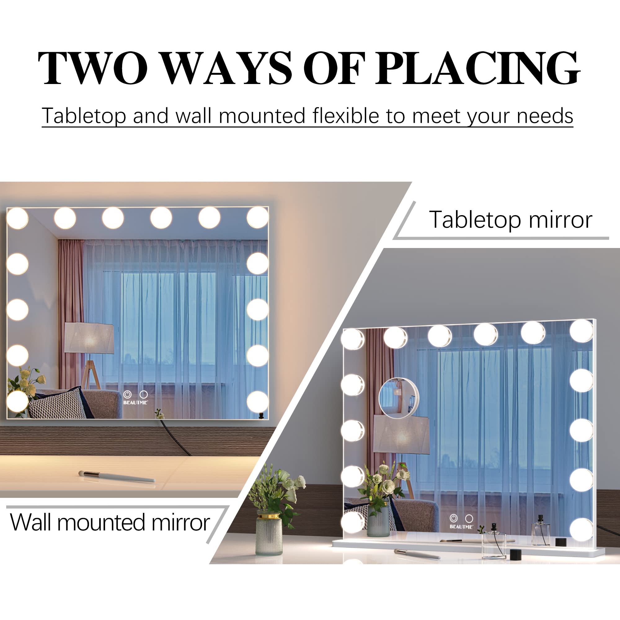 BEAUTME Large Hollywood Lighted Makeup Mirror with Smart Touch Button - 360° Adjustable Vanity Mirror with LED Lights for Tabletop or Wall Mounted - Perfect for Makeup, Skincare & Hair Styling at Home or Salon