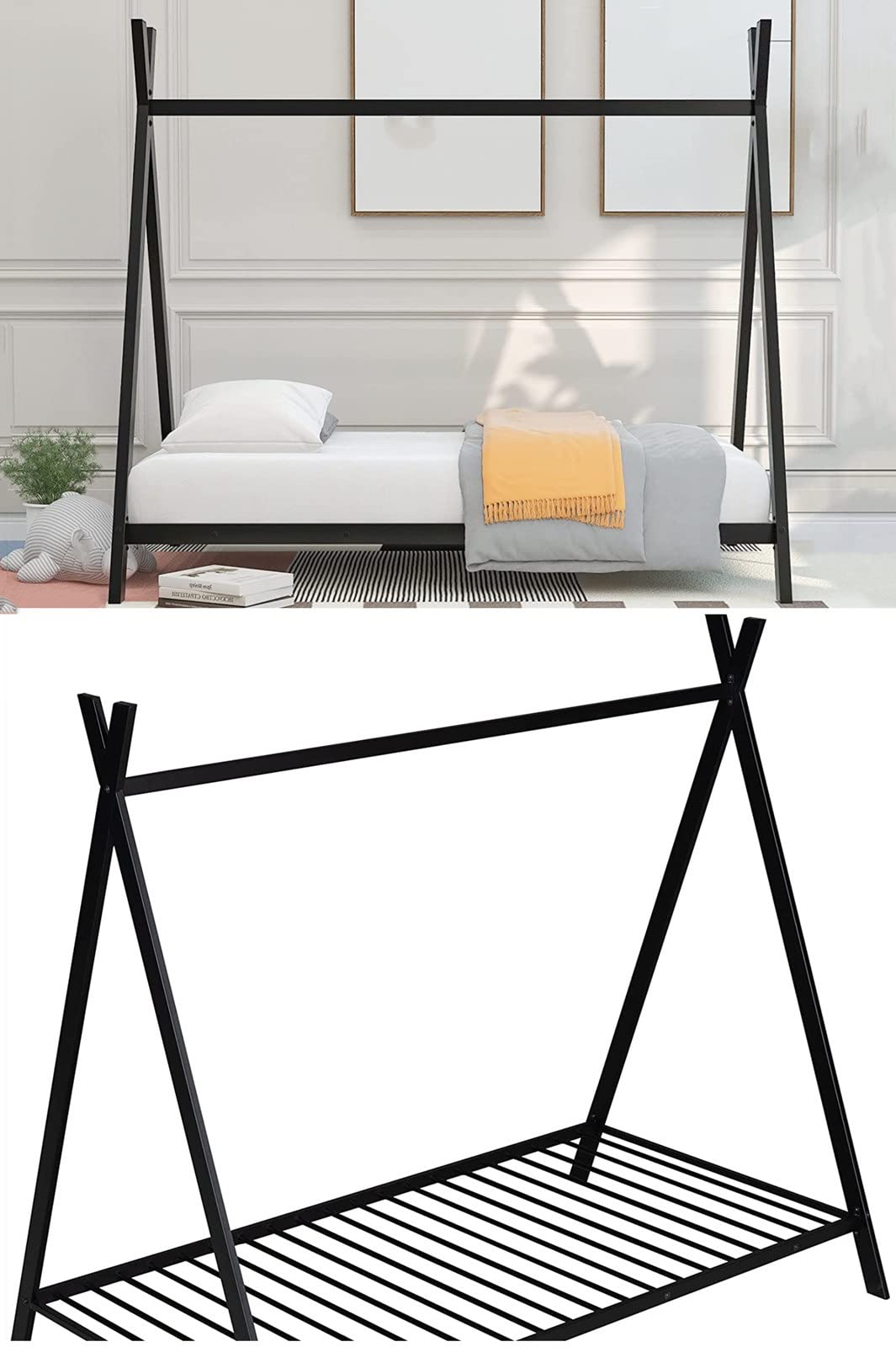 YeSbTx Low Profile Twin Size Floor Bed Frame for Kids - Sturdy Metal Frame with Slats, No Box Spring Needed (75