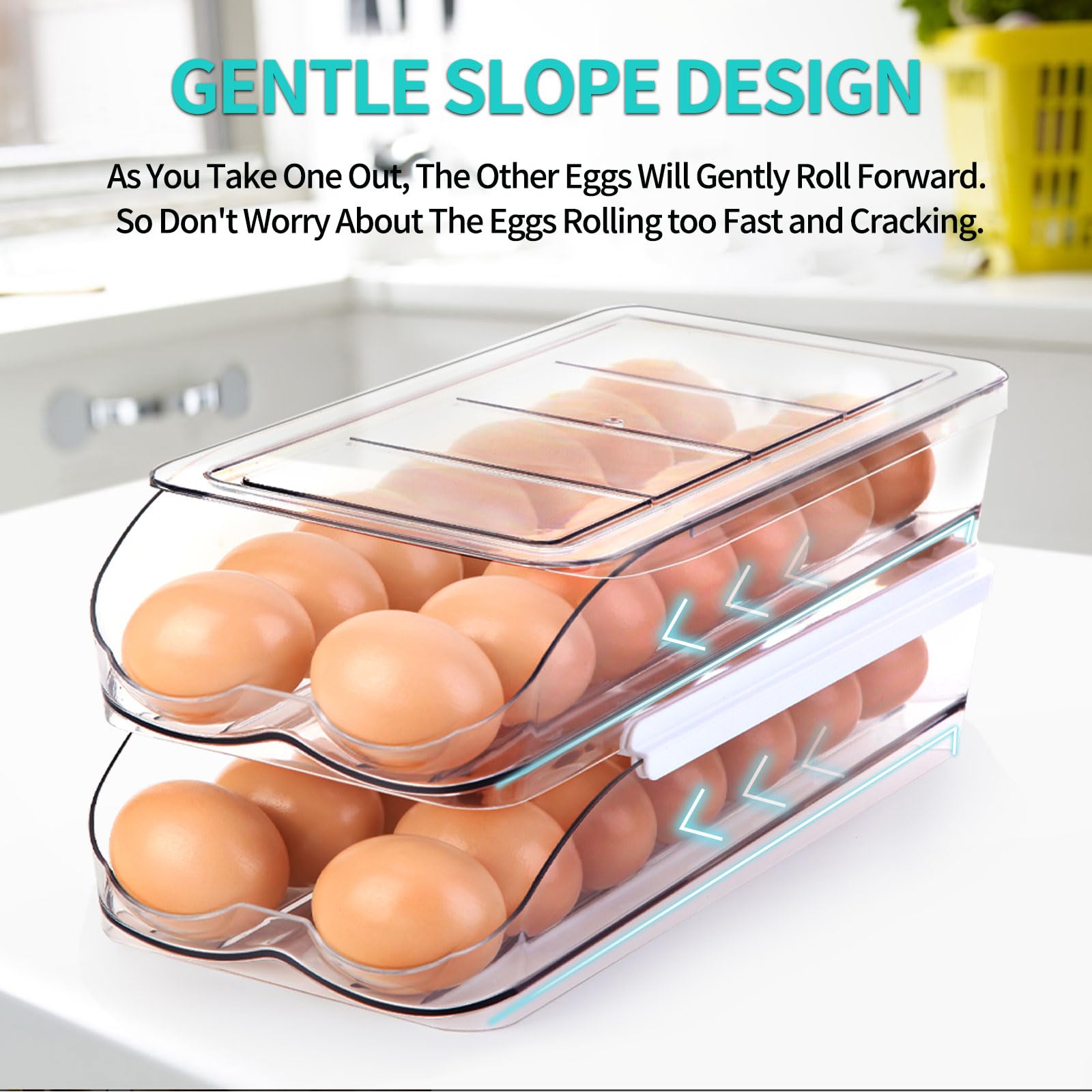 Automatic Rolling Egg Holder for Refrigerator - 2 Tier Stackable Clear Plastic Egg Container with Lid | Fridge Organizer & Storage Dispenser | Perfect for Kitchen Organization & Fresh Egg Storage