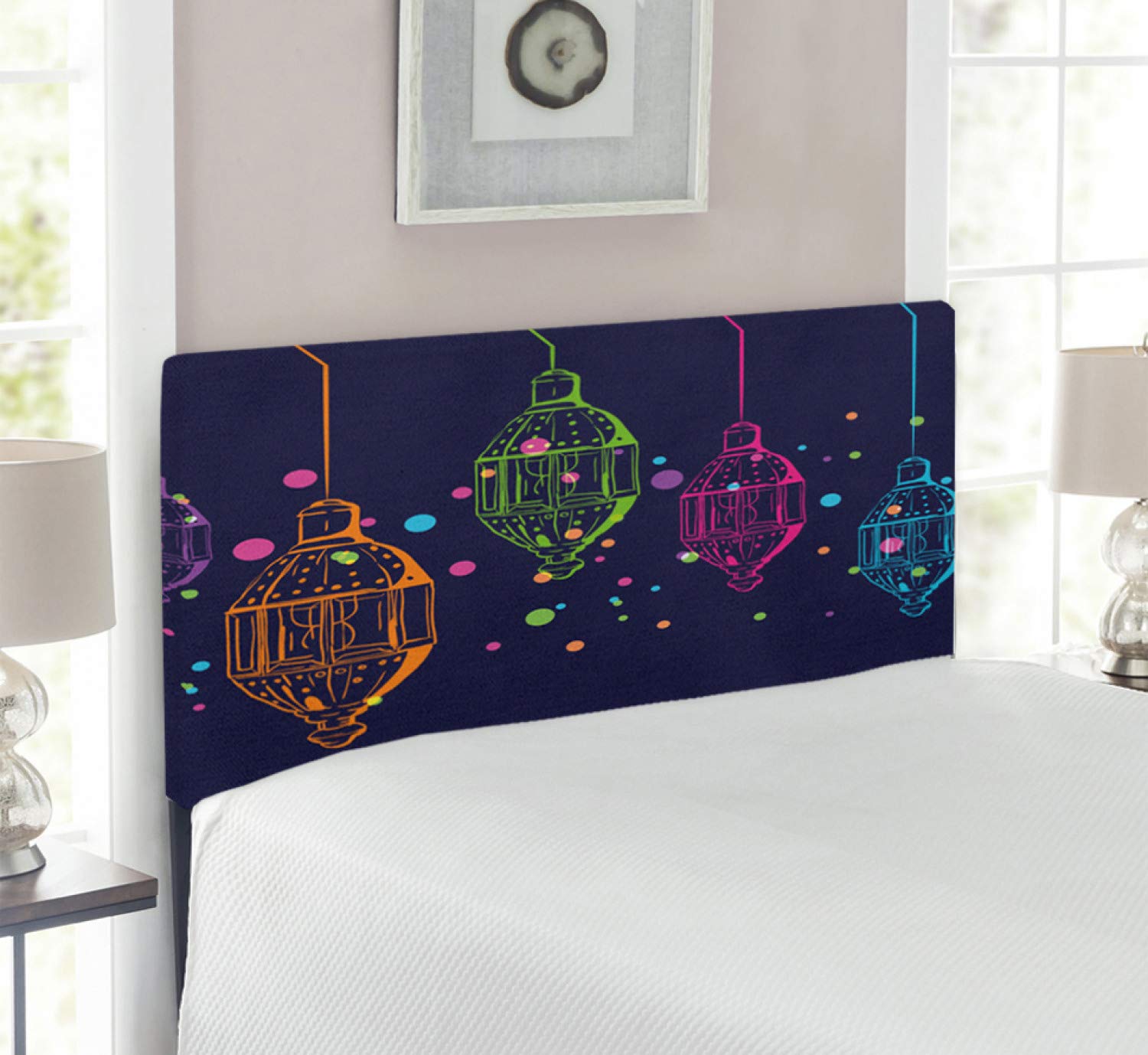 Ambesonne Folk Headboard - Twin Size Upholstered Decorative Metal Bed Frame with Memory Foam, Candles in Night Sketch Colorful Dot Design, Dark Purple & Multicolor - Perfect for Bohemian & Eclectic Bedroom Decor