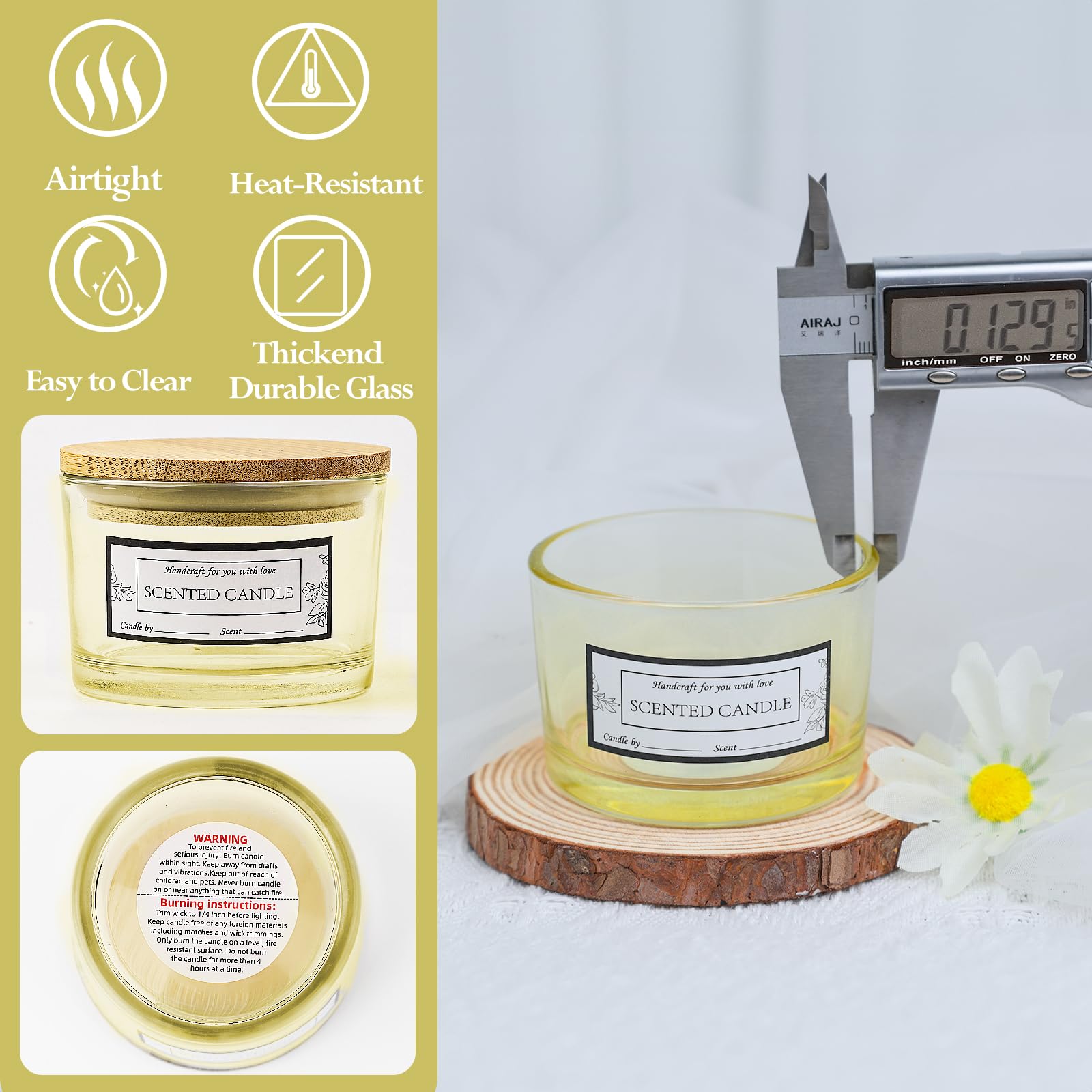 CONNOO 15-Pack 4oz Lemon Yellow Glass Candle Jars with Airtight Bamboo Lids - Bulk Small Wide Mouth Empty Candle Containers for DIY Candle Making, Home Decor & Gifts - Includes Warning Labels & Dishwasher Safe