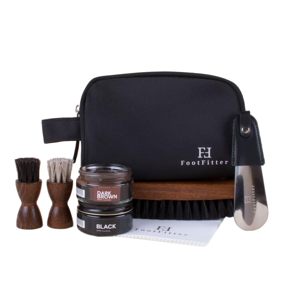 FootFitter Premium Leather Travel Shoe Shine Kit - Black & Brown Shoe Polish Set with Cream, Brushes & Travel Shoehorn for Men | Perfect for Business Trips, Office & Formal Occasions