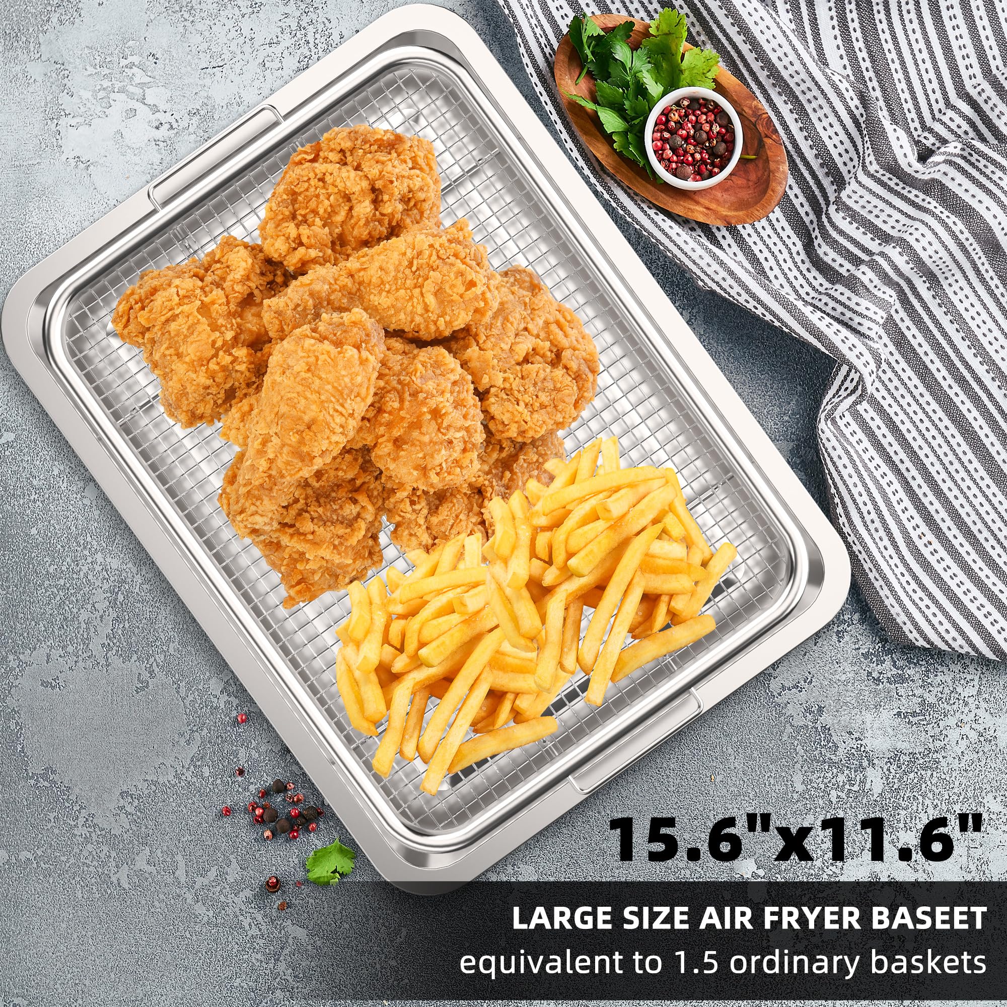 YEPATER 15.6 x 11.6 Inch Large Stainless Steel Non-Stick Air Fryer Basket with 30 PCS Parchment Paper - Oven Safe Air Fryer Pan & Crisper Tray for Baking, Roasting, and Healthy Cooking | Perfect for Chicken Wings, French Fries, and Vegetables