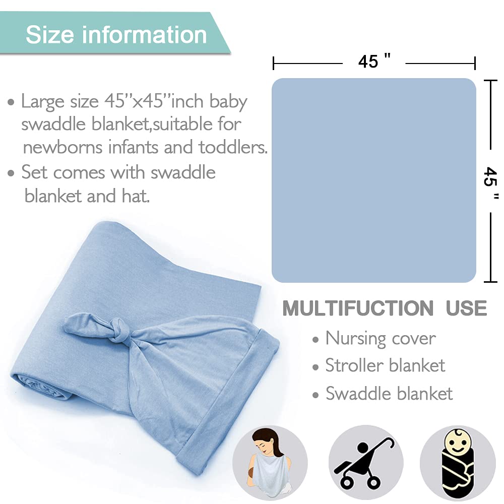 OWLOWLA Baby Swaddle Blanket & Hat Set - Soft Newborn Swaddle Wrap & Receiving Blanket for Boys & Girls (Baby Blue) - Perfect for Hospital, Home & Photo Shoots
