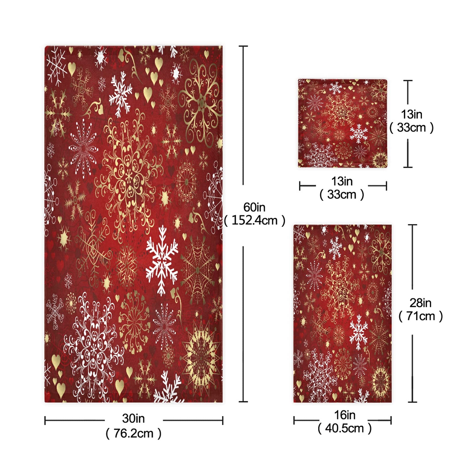 ALAZA Merry Christmas Gold Snowflake Red New Year Soft 3-Piece Bath Towel Set - 1 Bath Towel, 1 Hand Towel, 1 Washcloth for Bathroom, Spa & Hotel Luxury - Perfect for Holiday Decor & Gift Giving