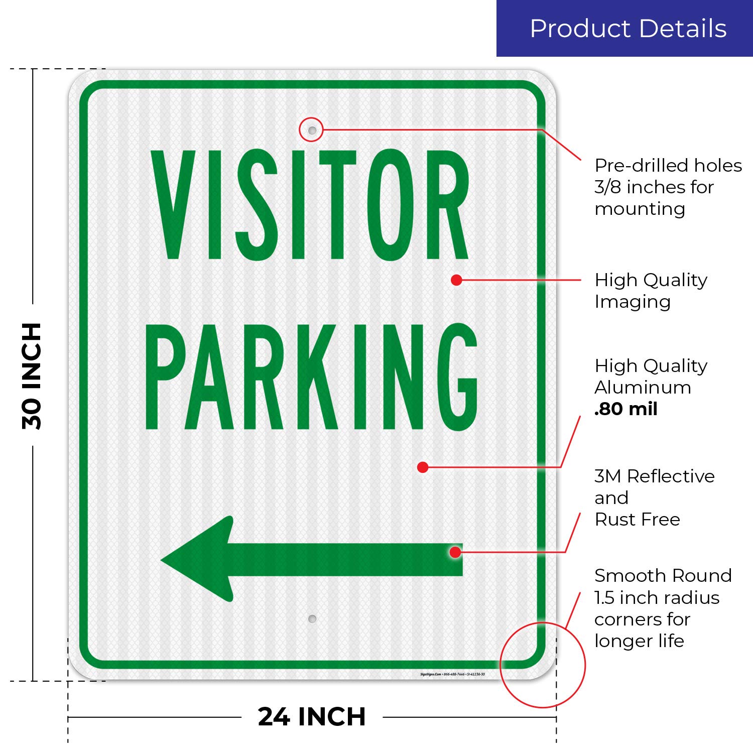 Left Side Visitor Parking Green Sign - 24x30 Inches, 3M EGP Reflective .080 Aluminum - Fade Resistant & Easy Mounting - Indoor/Outdoor Use - Made in USA - Perfect for Office Buildings, Schools & Parking Lots