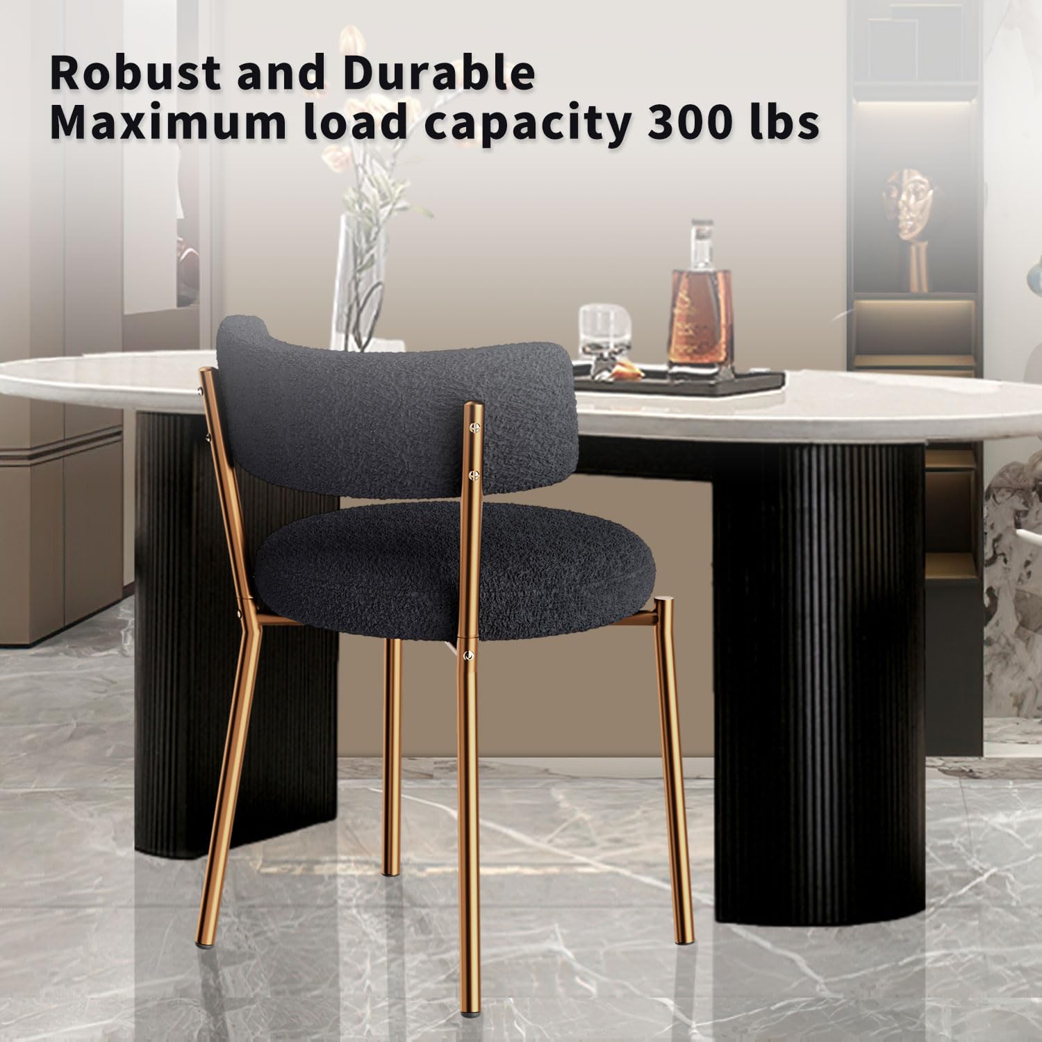 Modern Dining Chairs Set of 4 - Round Upholstered Boucle Sherpa Kitchen Chairs with Curved Backrest & Gold Metal Legs - Mid Century Black Dining Room Chairs for Home, Restaurant, Cafe & Office Use