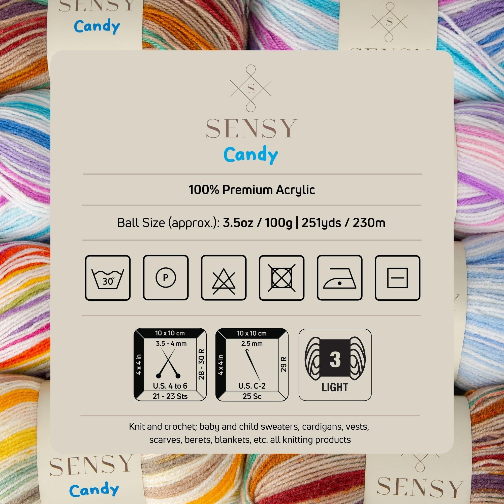 Sensy Candy Yarn - 3.5 oz, 251 Yards Multicolor Crochet & Knitting Yarn - Light Weight (Gauge 3) Craft Yarn for Scarves, Hats & DIY Projects (5117)