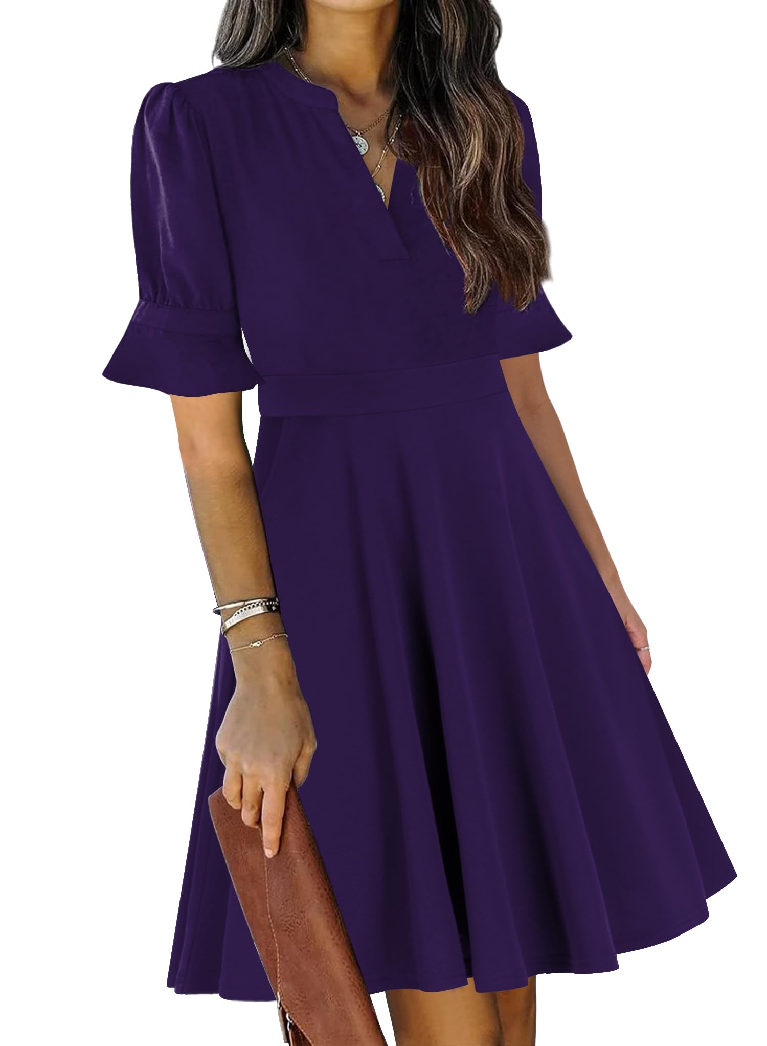 Mokayee Women's Summer V-Neck Ruffle Short Sleeve Fit and Flare Knee-Length Dress with Pockets - Perfect for Church, Wedding Guest, Party & Casual Wear
